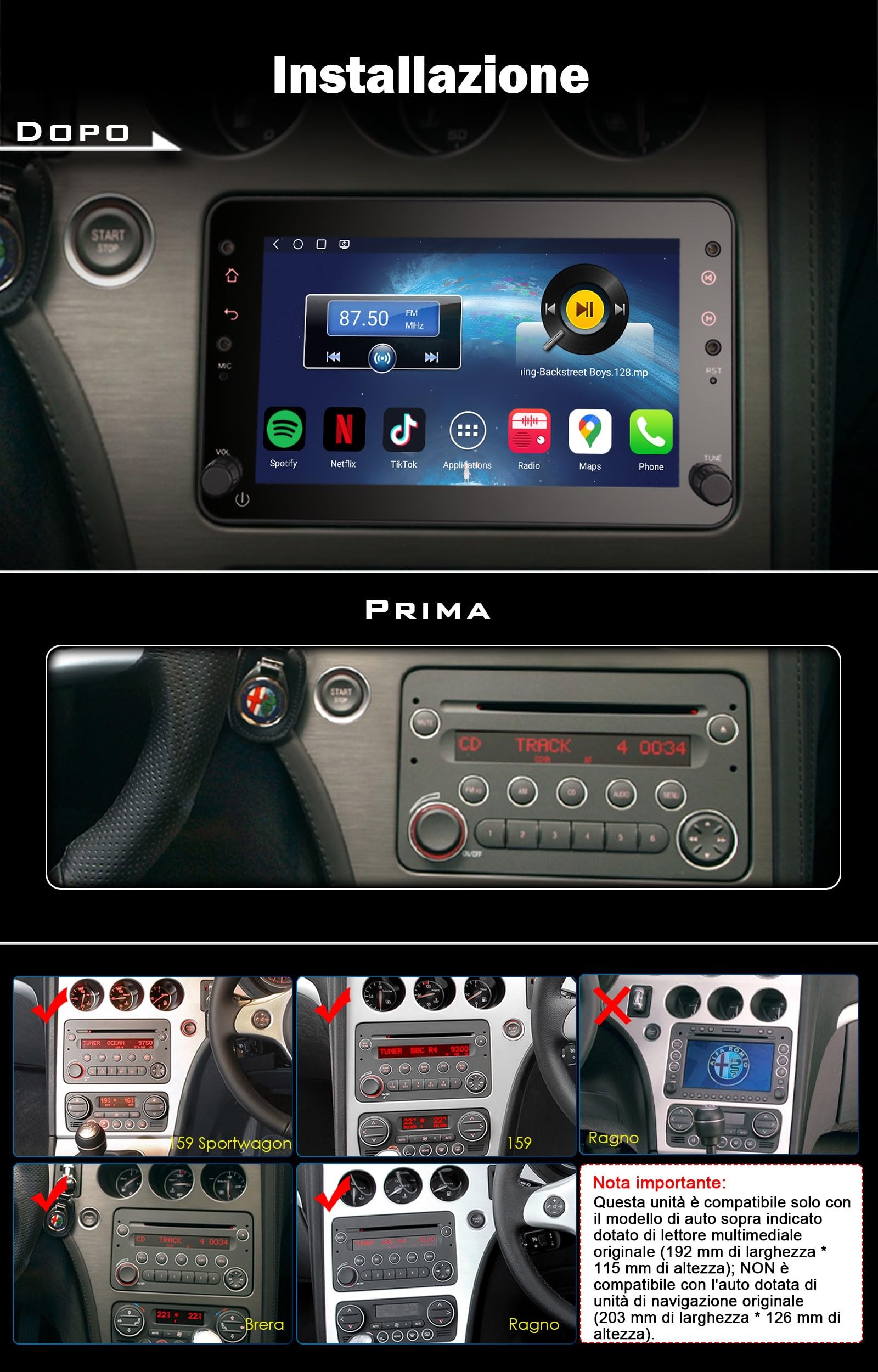 Erisin Qualcomm 8-Core Android 14 4GB+64GB Autoradio GPS Navigatore per Alfa Romeo 159 Sportwagon Brera Spider 7" Schermo IPS Supporta Bluetooth 5.1 Wireless CarPlay Android Auto WiFi 4G DSP FM CANbus