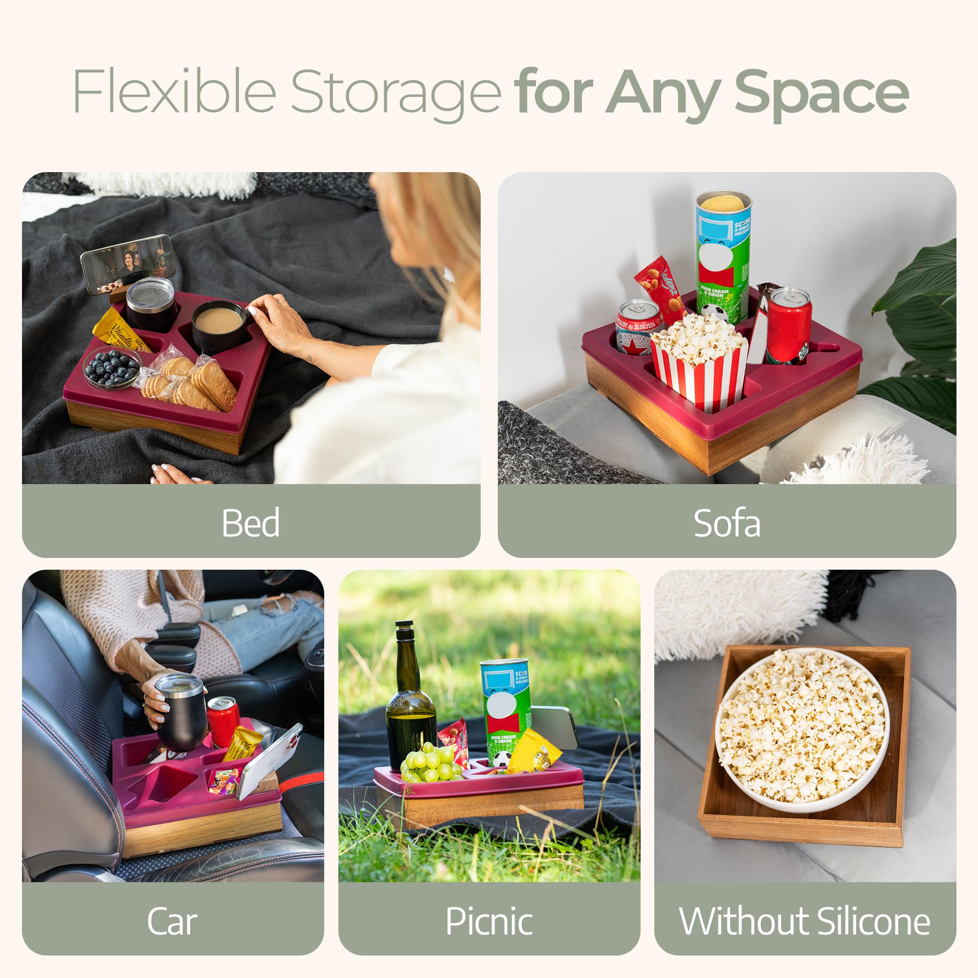 Bandeja para portavasos de sofá, versátil organizador de silicona de acacia con soporte ajustable para teléfono para cama, coche y sofá, soporte impermeable antiderrames para bebidas, aperitivos y