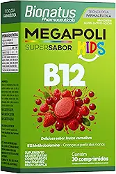 Bionatus, MegaPoli Kids, Comprimidos mastigáveis, Sabor frutas vermelhas, Suplemento alimentar infantil, Vitamina B12, Metilcobalamina, 30 cápsulas • 30 doses, Verde