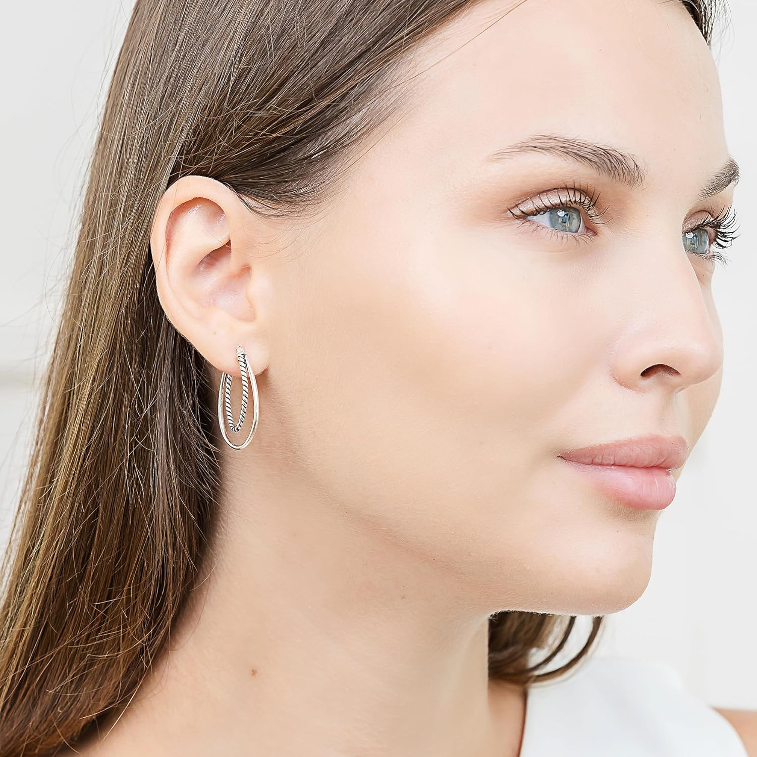 Hoops & Loops 925 Sterling Silver Oxidized Rope Oval Hoop Earrings for Women - 21mm Double Hoop Antique Vintage Textured Design