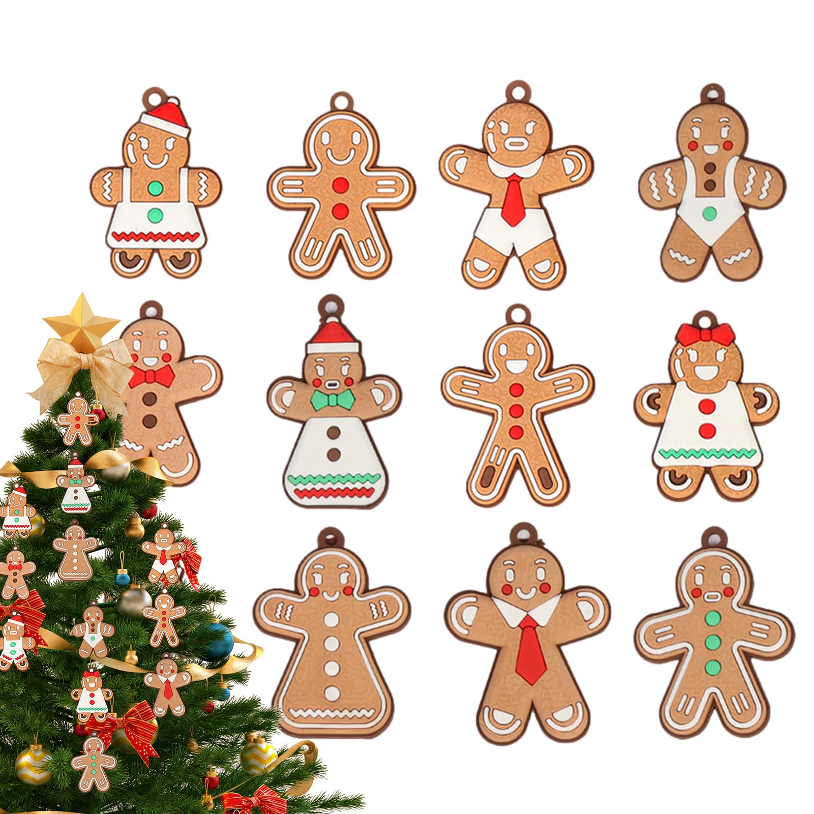 Lot De 12 Décorations De Noël En Forme De Bonhomme En Pain D'épices à Suspendre Avec Corde – Figurines Assorties En Plastique Pour Petite Décoration De Sapin De Noël (A