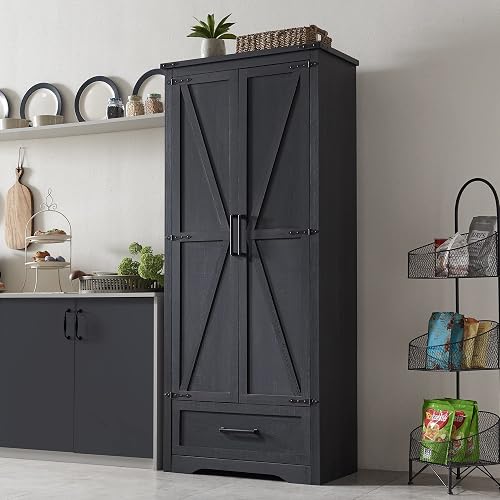 Farmhouse Kitchen Pantry Cabinet - 72' Tall Wood Kitchen Storage Cabinets with Adjustable Shelves & 2 Barn Doors & Drawe