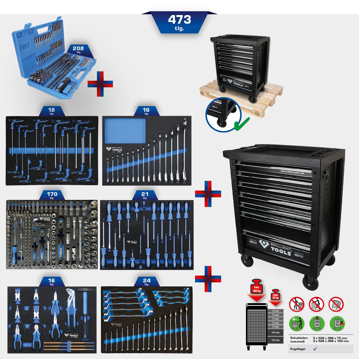 BRILLIANT TOOLS BT153473 Chariot d’atelier avec 7 tiroirs et 473 outils [Powered by KS TOOLS]