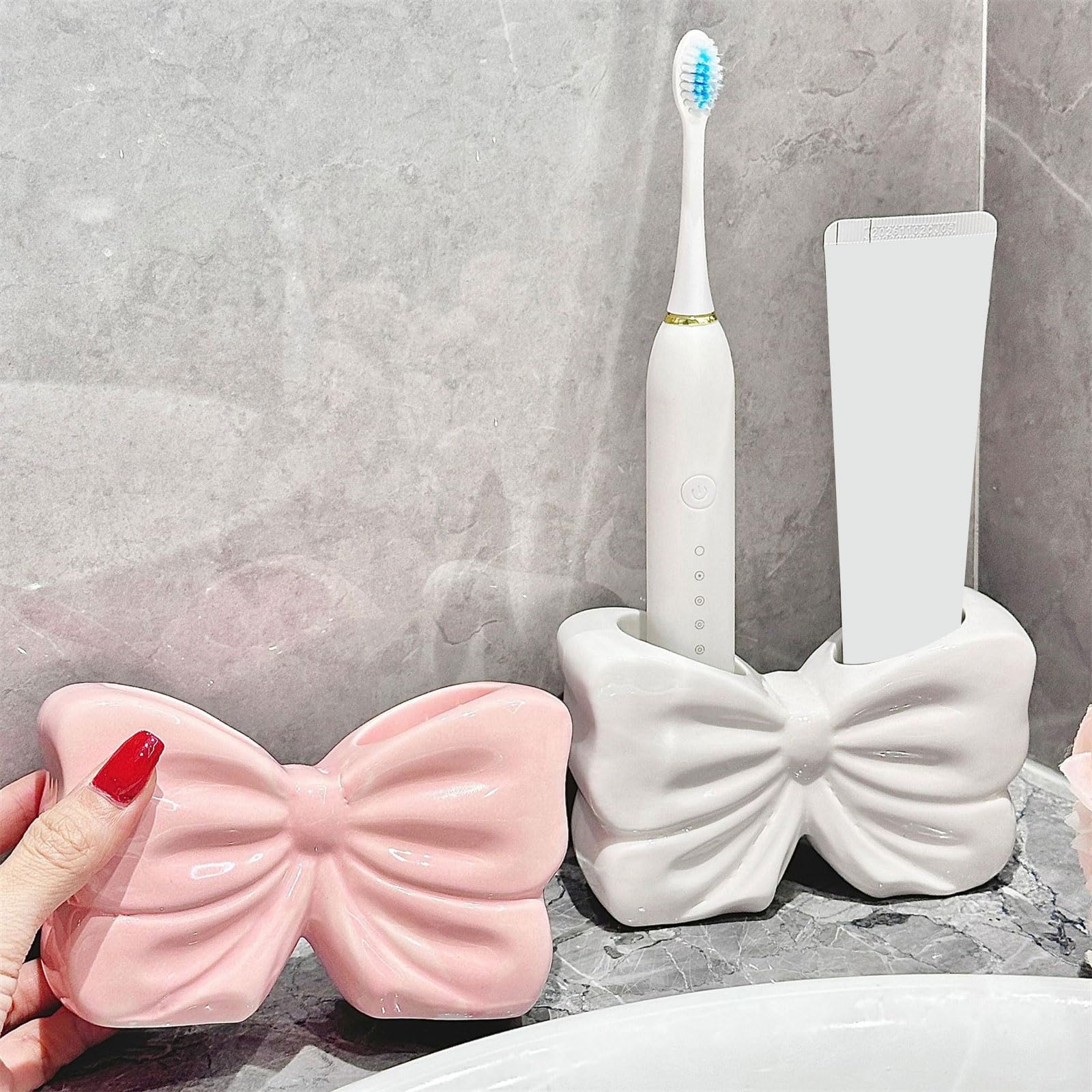 Paquete de 2 soportes de cerámica para cepillos de dientes con lazo, organizador de encimeras de baño, diseño decorativo, soporte para cepillos de dientes