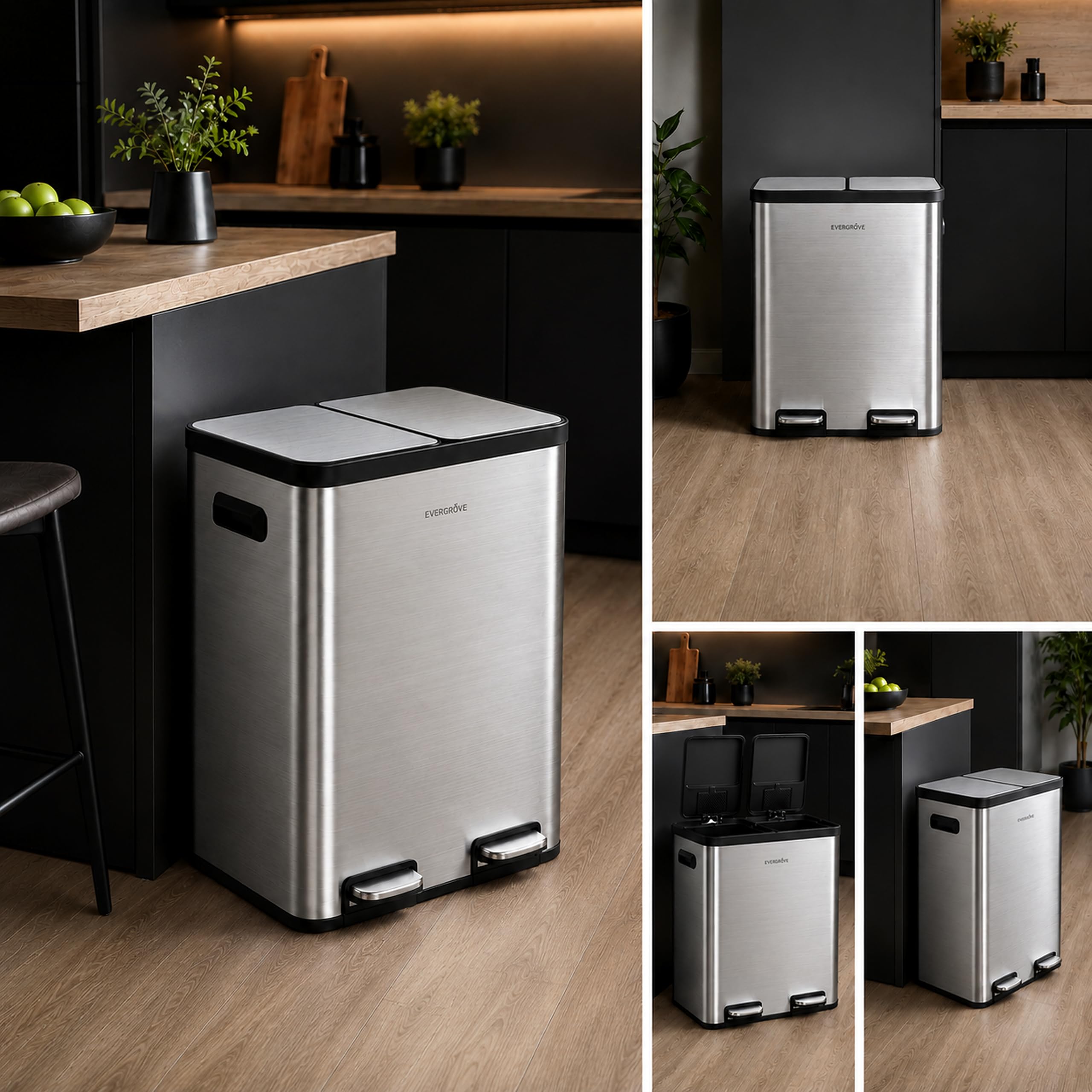 EverGrove 60L Mülltrennsystem, 2x30L, Edelstahl-Deckel (Brushed Silver) | 2 x 30-L-Fächer,Soft-Close-Deckel,Edelstahl-Deckel,Geruchsfilter,Herausnehmbare Inneneimer mit Beutelfixierung