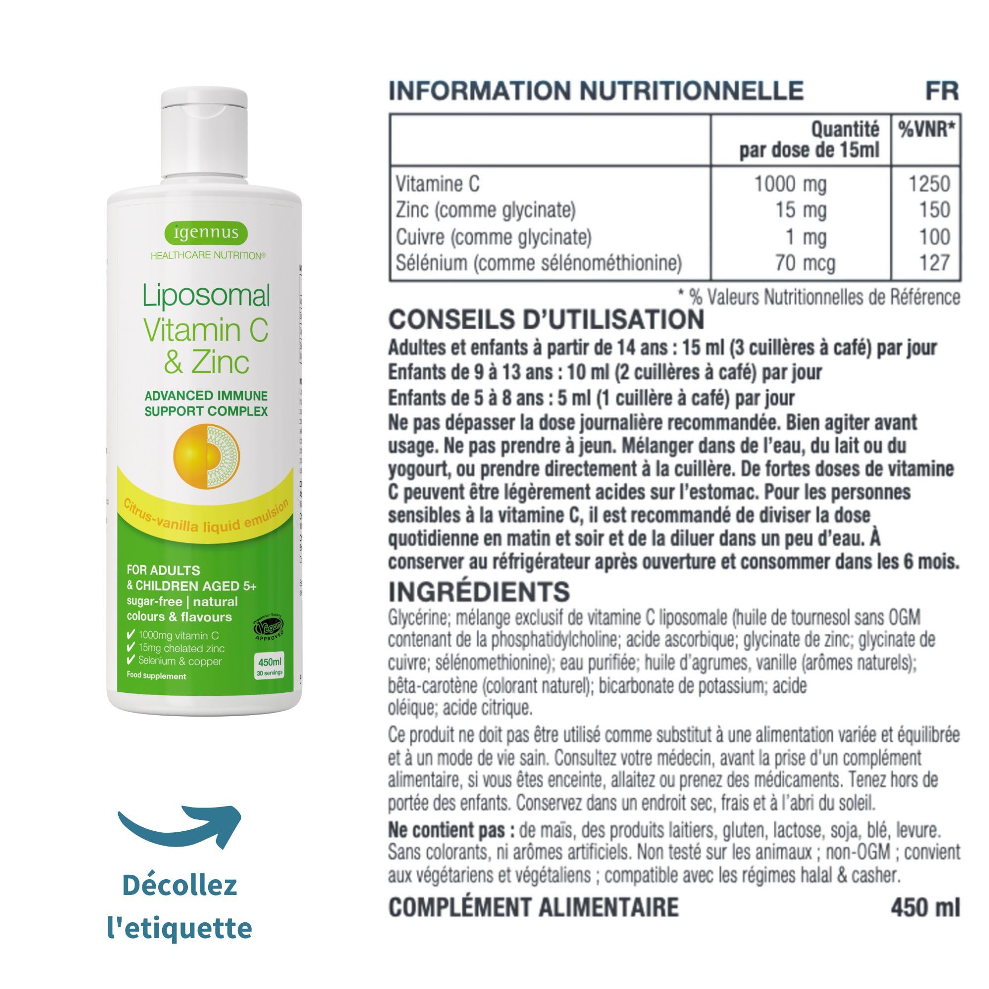 Vitamine C Liposomale 1000 mg Liquide avec Zinc, Cuivre et Sélénium - Système Immunitaire & Réduction de la Fatigue - Goût d'agrumes et vanille, Adultes et Enfants, 30 – 90 portions