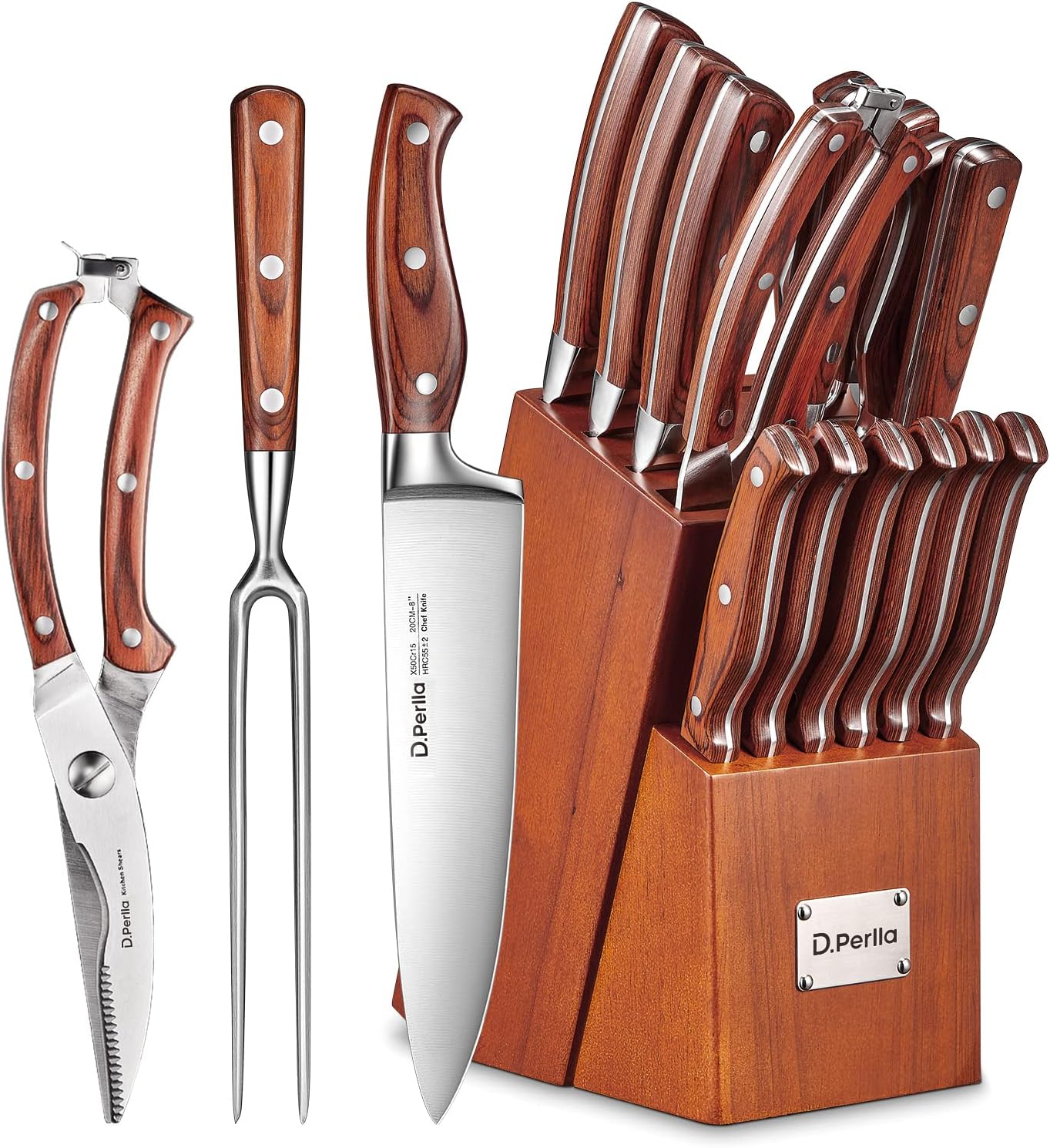 D.Perlla Wooden Handle Knife Set 16 Piece, German Steel Kitchen Knives with Block, Ergonomic Chef Knife Set with Meat Scissors, Carving Fork, Perfect Housewarming Gift