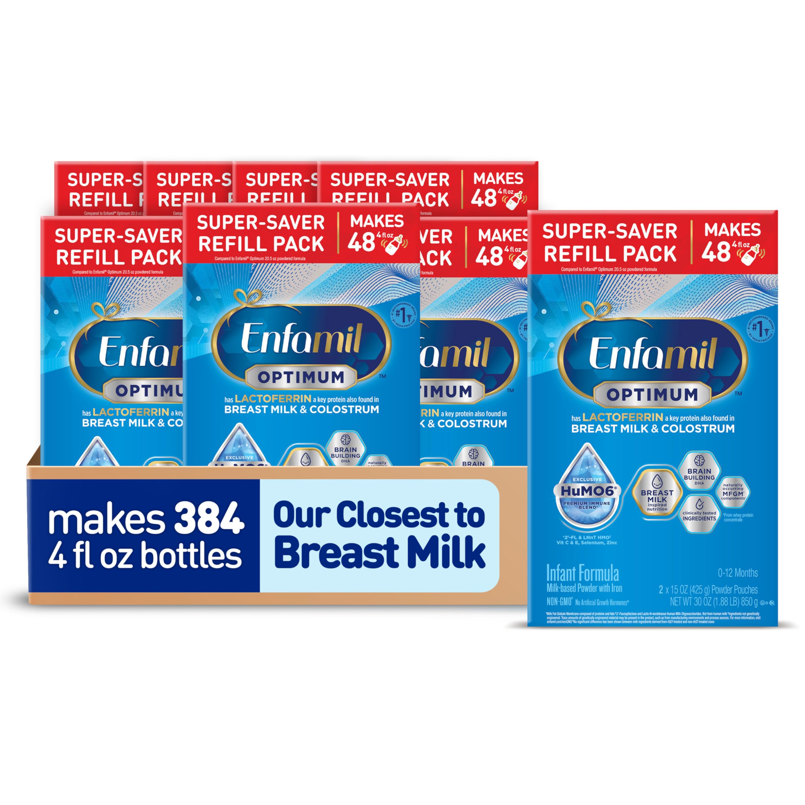 Enfamil Optimum (Enspire), Our Closest Formula to Breast Milk, Immune-Supporting Lactoferrin and Brain-Supporting DHA Baby Formula, Powder 30 Oz Refill, Pack of 8