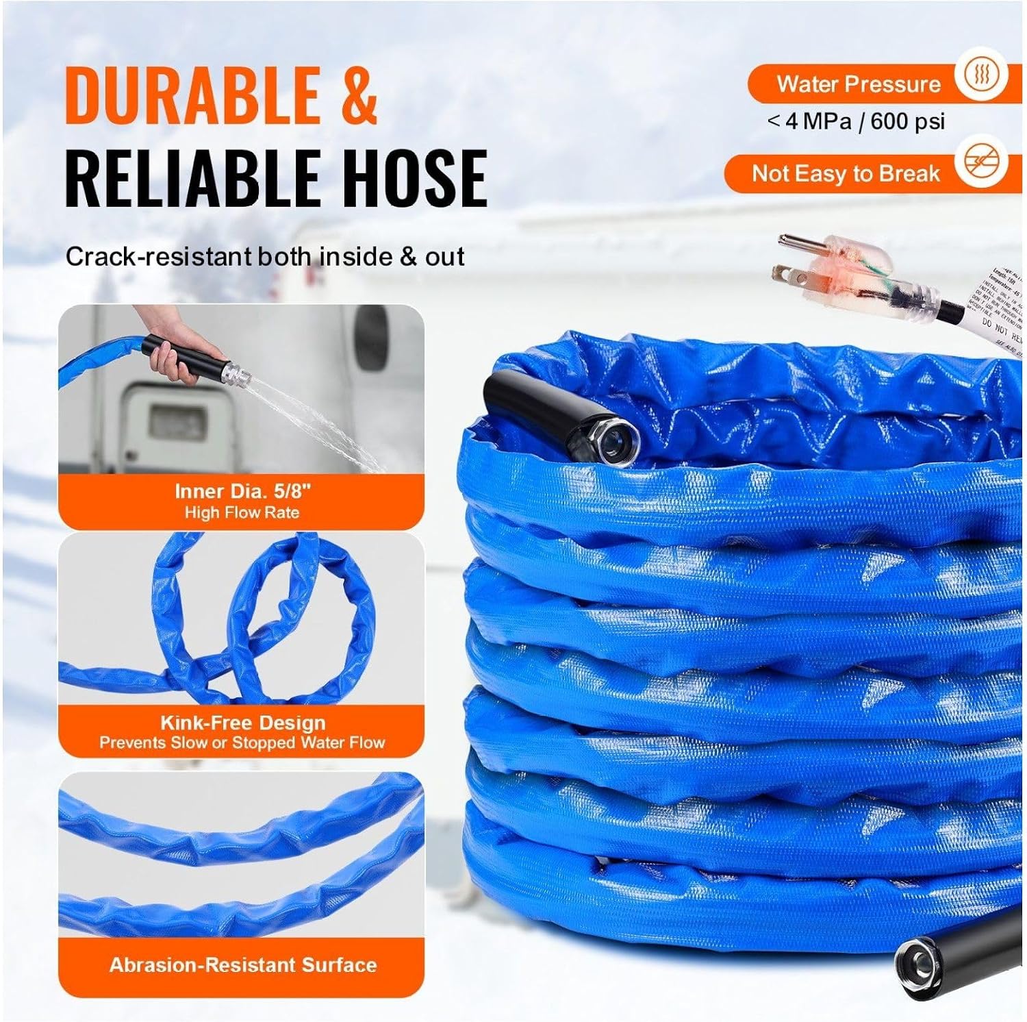 50ft Heated RV Water Hose -45°F Antifreeze Hose, Winter RV Camping Water Hose, Heated Drinking Water Hose for RV, Trailer, Car Wash