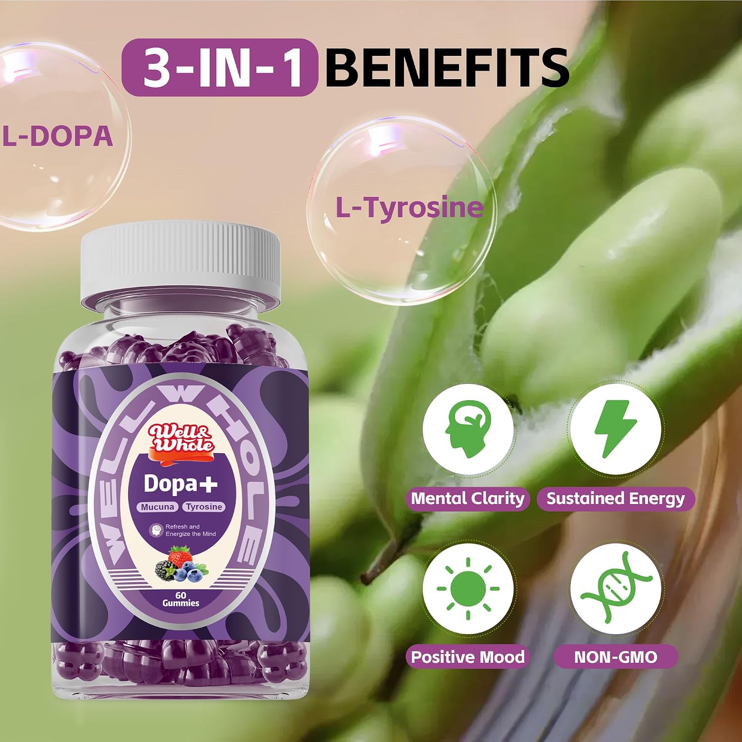 Well&Whole L-Lysine Gummies 1000mg and Dopamine Supplements for Mood,Focus and Energy