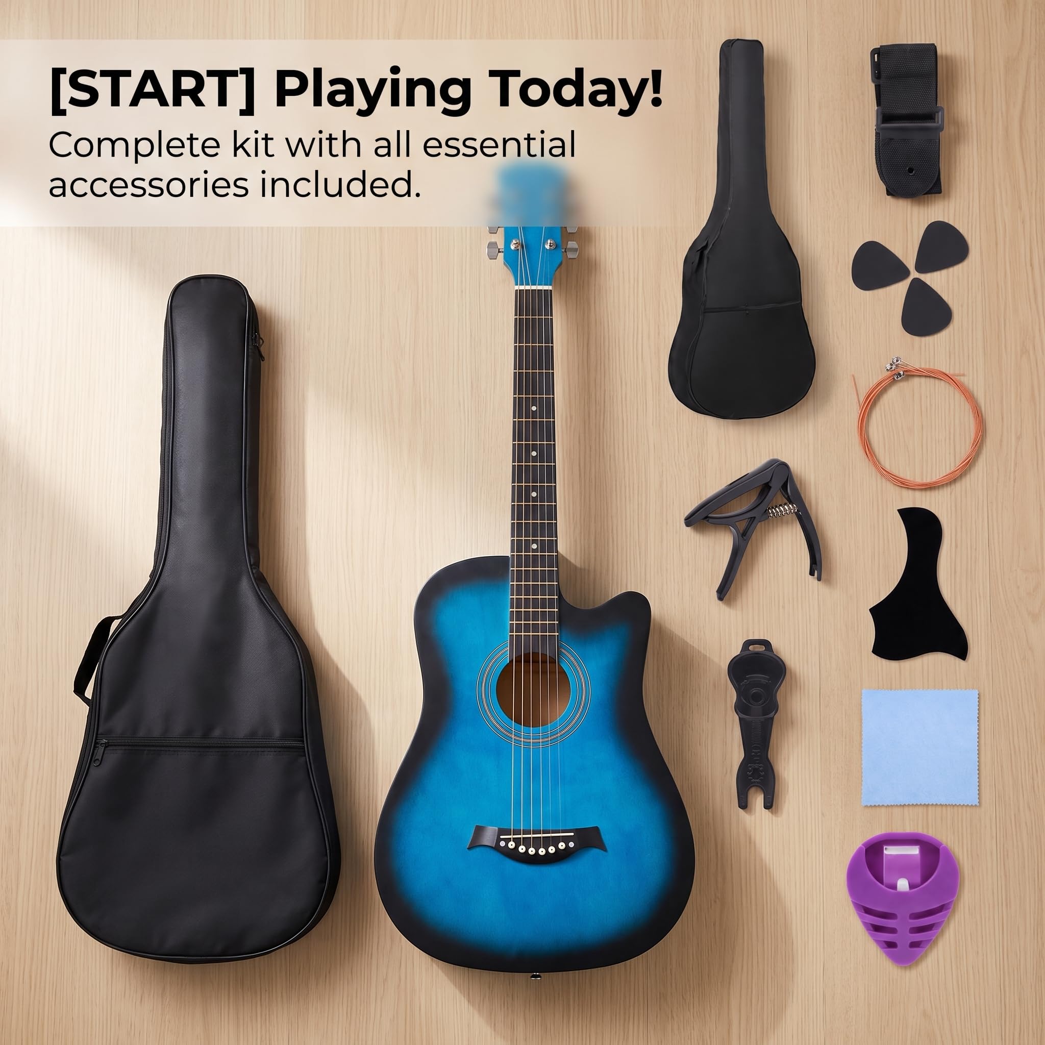 Acustica con Custodia, Kit Acustica 18 Barrel per Principianti e Musicisti, Chitarra acustica 38 pollici, colore blu sfumato, con accessori