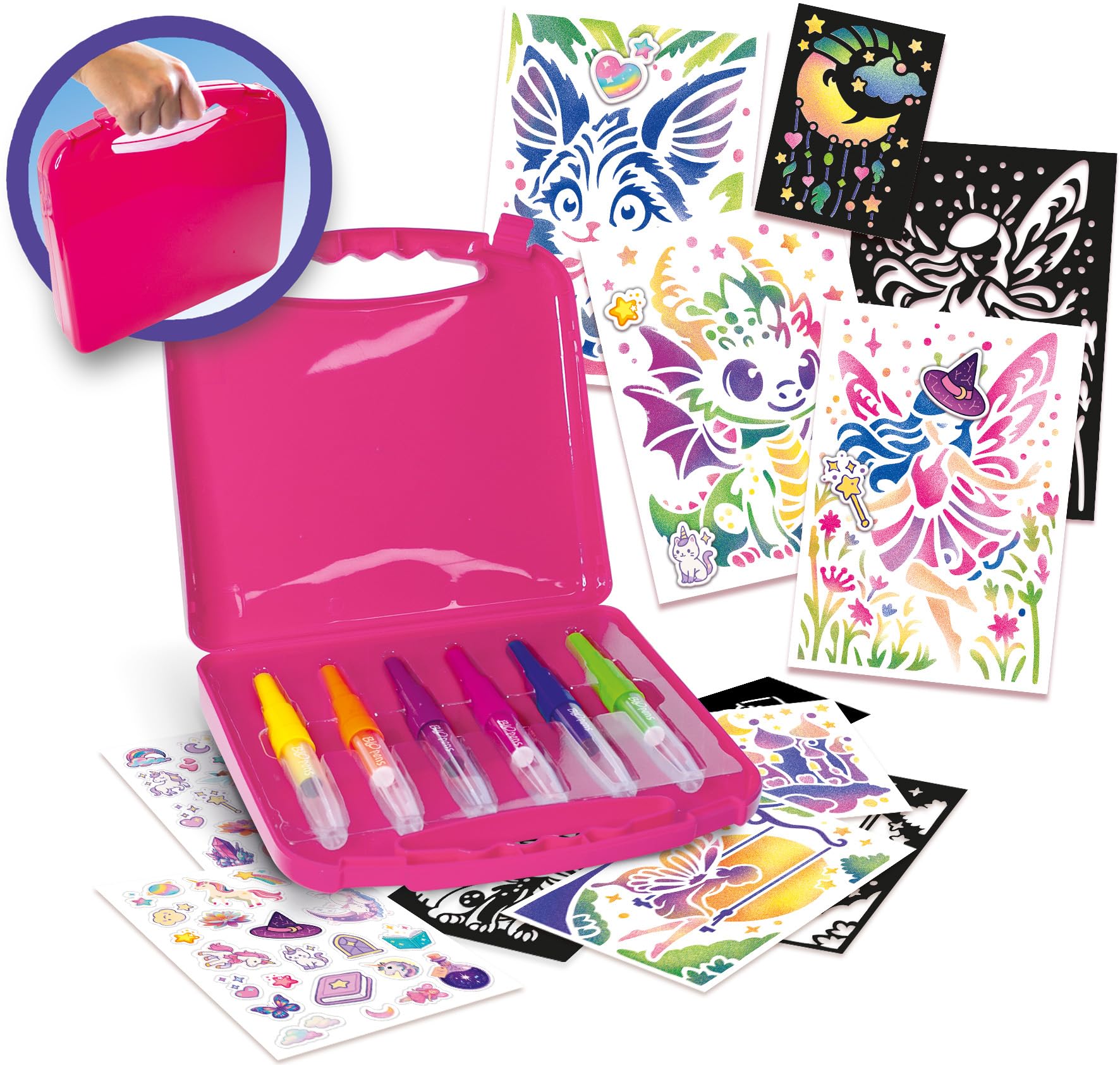 Blopens Valisette Vive Les Vacances – Set De Dessin Aérographe Avec 15 Mini Feutres Soufflants, 15 Pochoirs Et 15 Feuilles – Format Voyage Dès 5 Ans