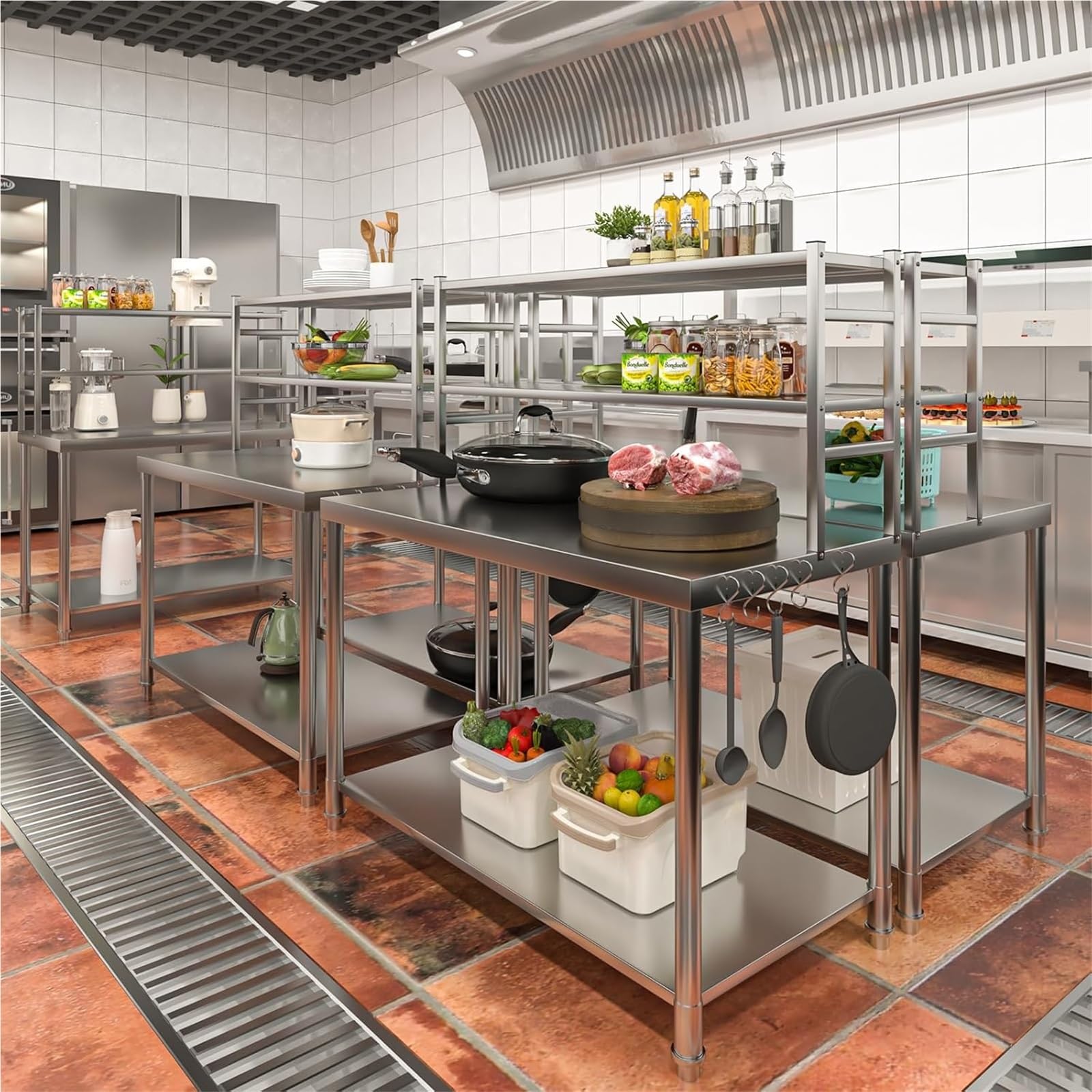 Cocina Comercial Encimera Acero Mesa Preparación Estante Inferior Trabajo Ajustable Estante Acero Inoxidable Alta Resistencia Doble Nivel Tienda Té Leche Encimera(B-Silver,180x80x80cm)