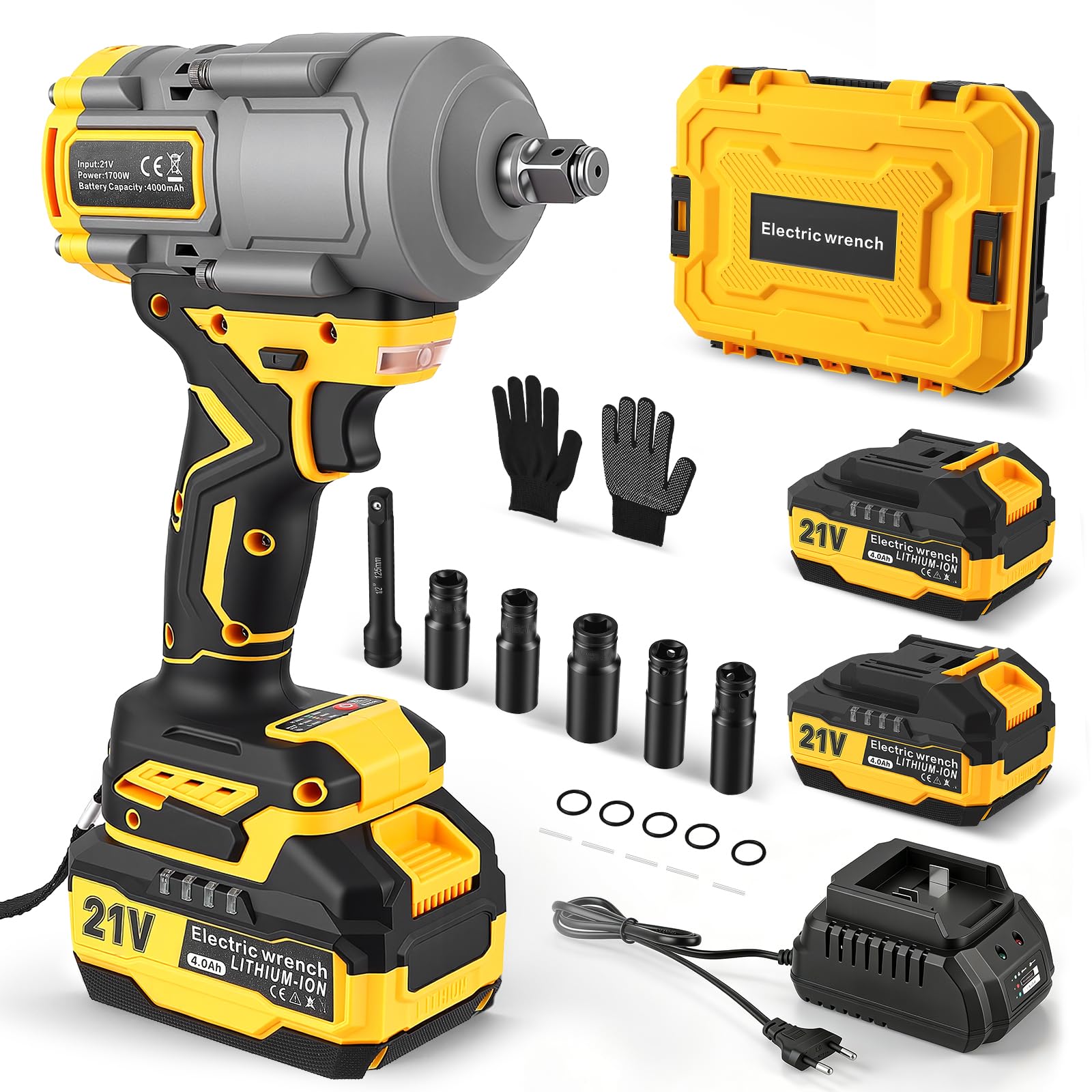 Llave de Impacto Inalámbrica 1600N.m con 2x 4.0Ah Baterías, 1/2 Pistola de Impacto Batería, 0-3000 RPM, Eléctrica Llave de Impacto con 5 Llaves y Caja de Carcaj, para Coches Camiones