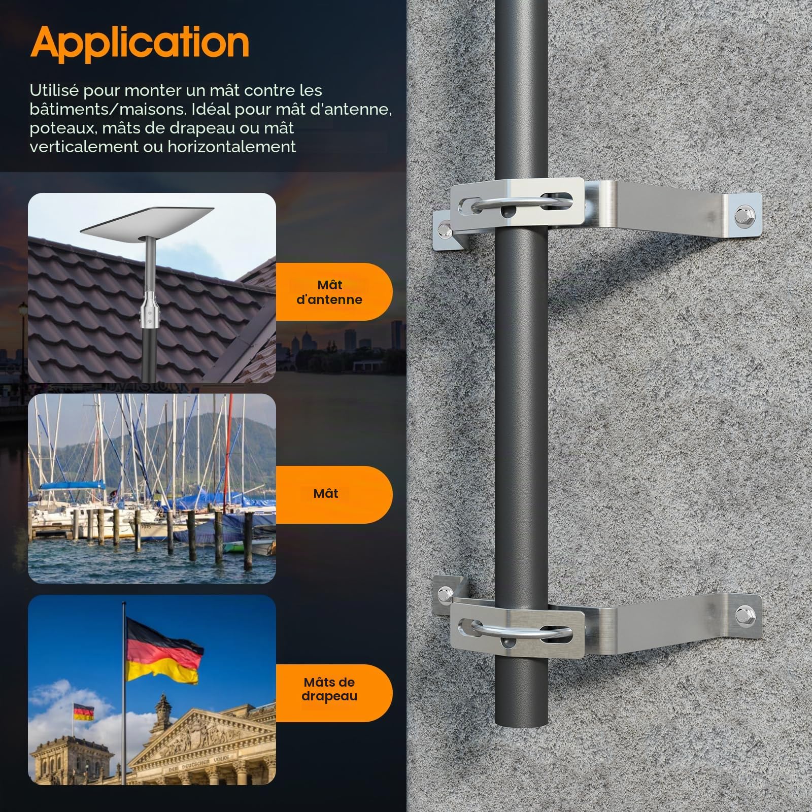 SS304 Support mural HQ 10 cm – Attache de pôles ou pôles jusqu'à 50 mm pour satellite Bowl/antenne radio DVB-T2/antenne LTE/parasol/pare-soleil