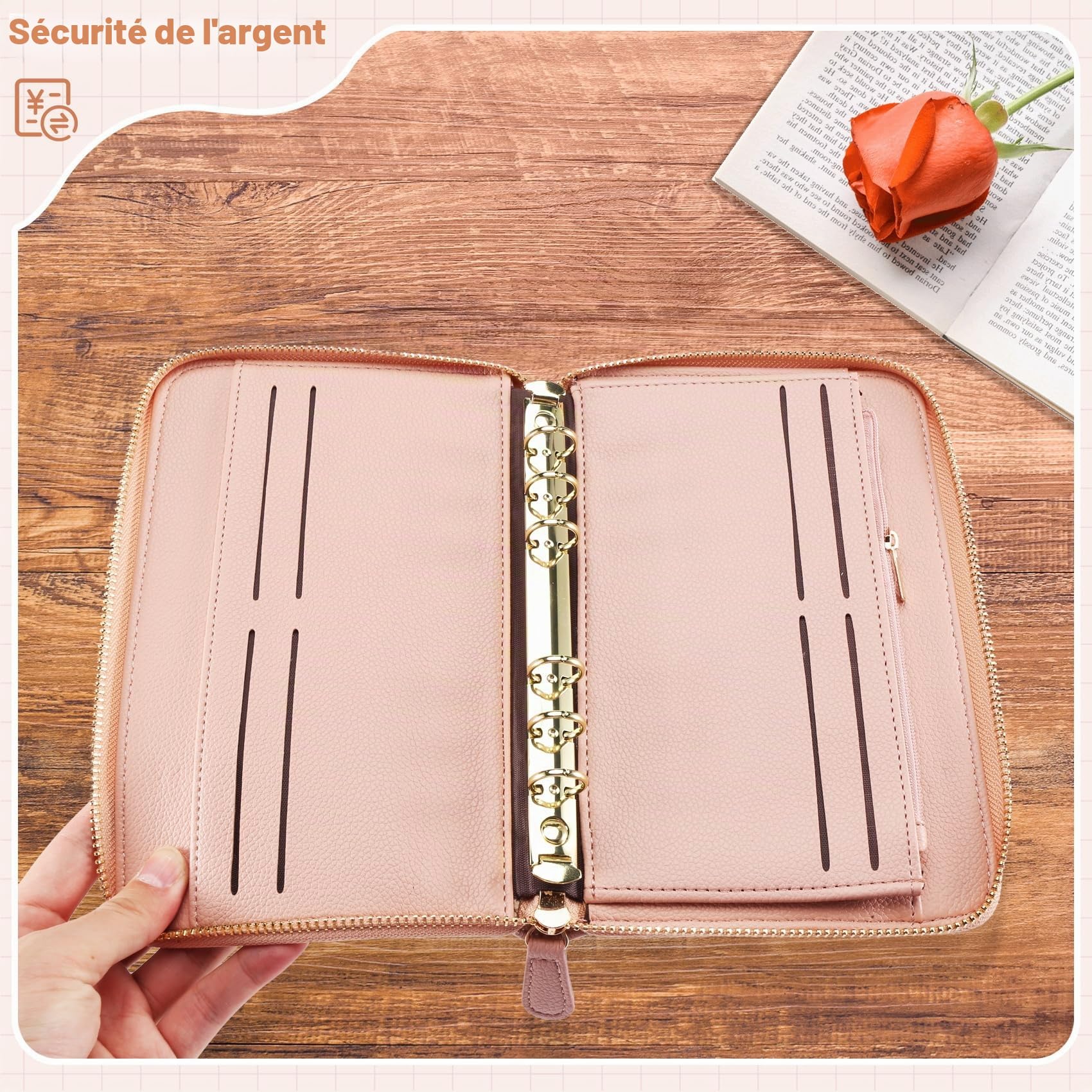 Classeur Budget A6 Organiseur Multifonction avec 12 Poches Transparentes, Livré avec Portefeuille et Enveloppes pour Cartes, Argent et Documents – Accessoire Idéal pour Gérer votre Budget Rose