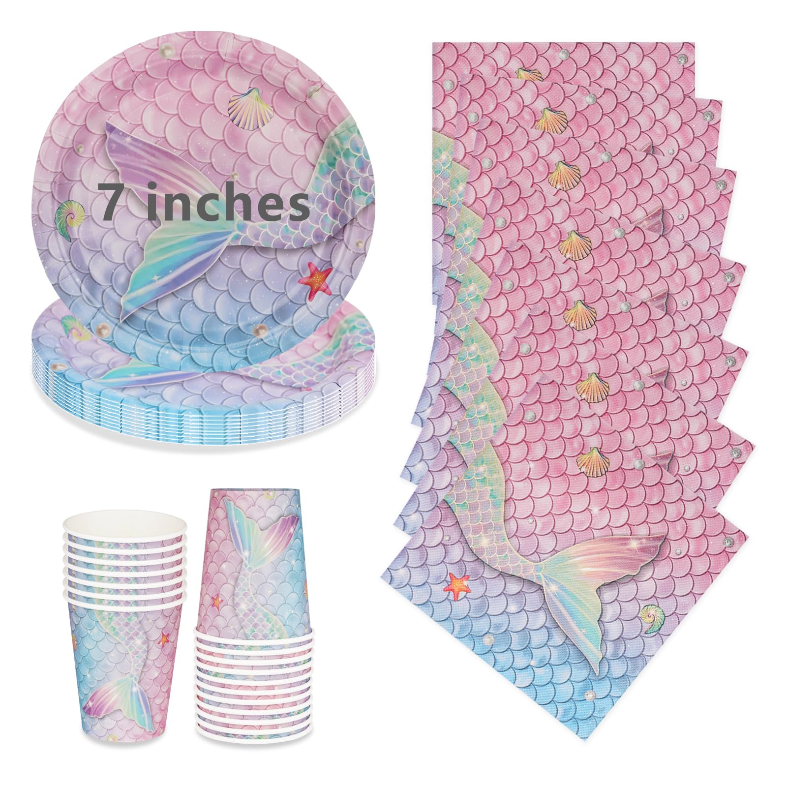 72Pcs Mermaid Party Plates Cups and Napkins, 7 Inch Disposable Strong Paper Plates and Cups, Party Tableware Set for Birthday Baby Showers Table Decorations