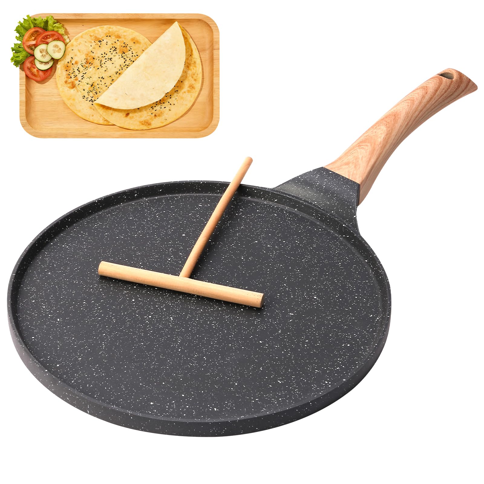 Sartén para crepes de 26 cm, sartén premium para crepes y sartén para crepes con extensor de masa, sartén para crepes sin BPA, ideal antiadherente para panqueques y tortillas