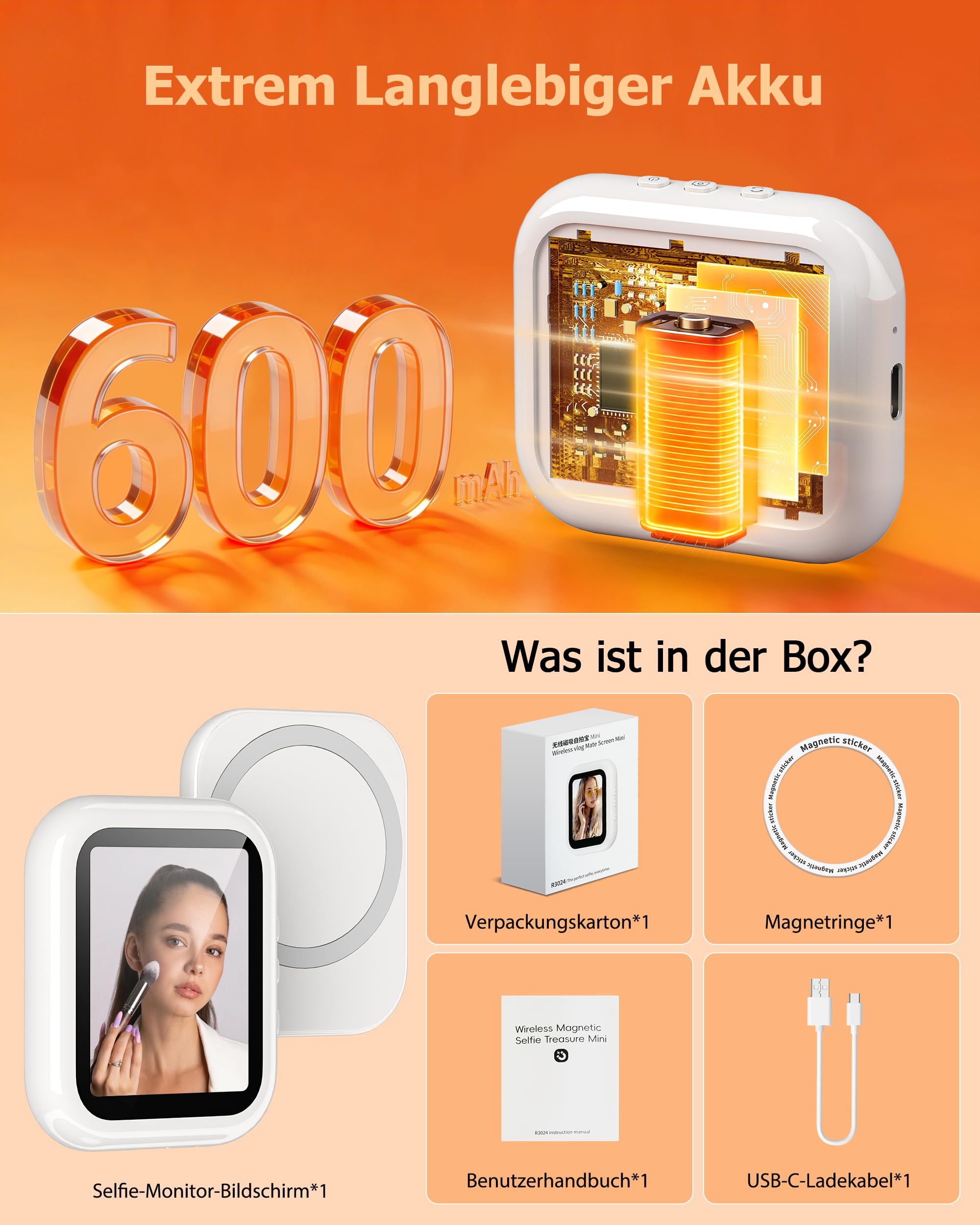 Handy Selfie Monitor für i-Phone/Android, Kabellos Magnetischer Vlog Selfie Monitor Bildschirm, Wireless Tragbar Smartphone Rückkamera Screen für Tik-Tok, Li-ve, YouTube, 2 Std. Akku, Weiß