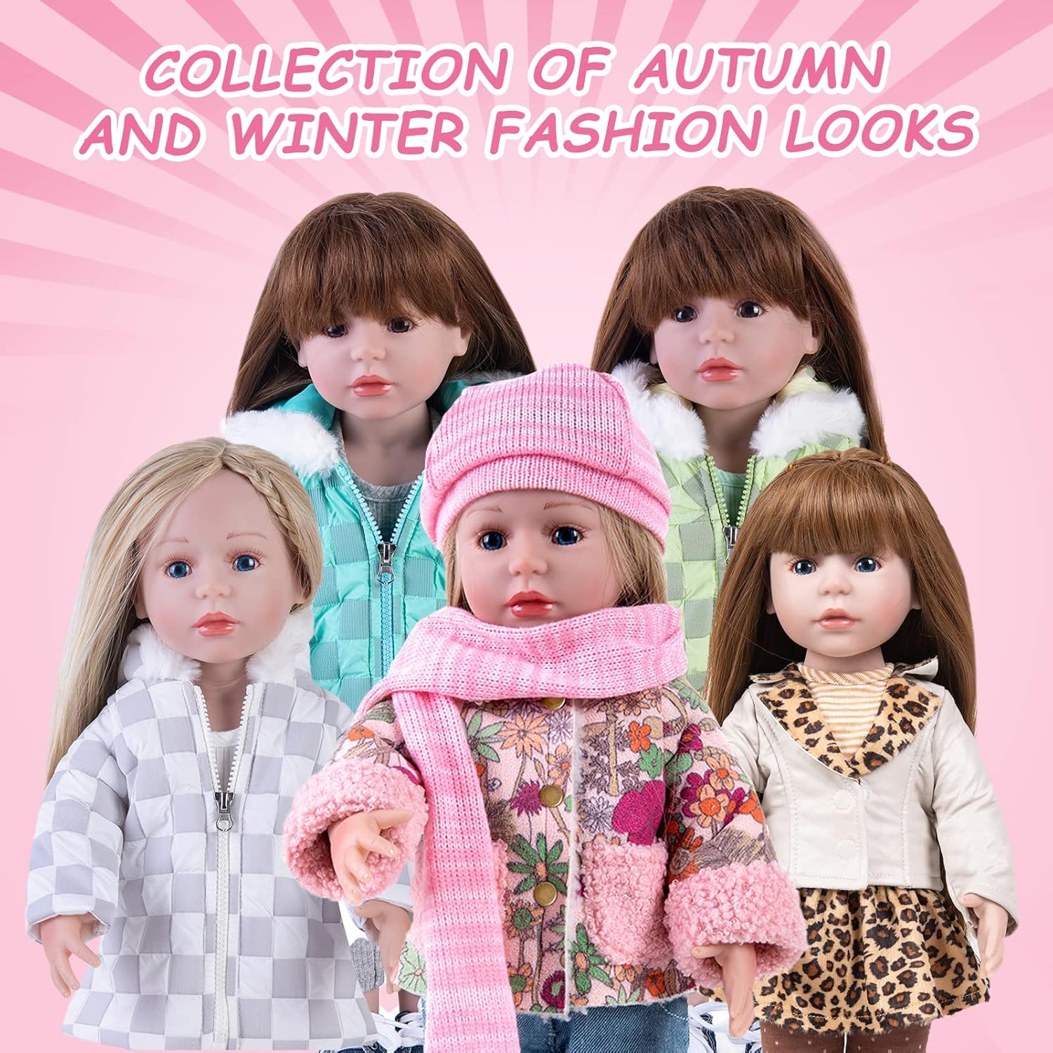 Rakki Dolli Doll Clothes 4 Piece Set Includes Pink Flower Snow Jacket, Knitted Wool Hat, Scarf and Hipster Jeans Fits for 18" American Girl Dolls (Doll and Shoes Not Included)