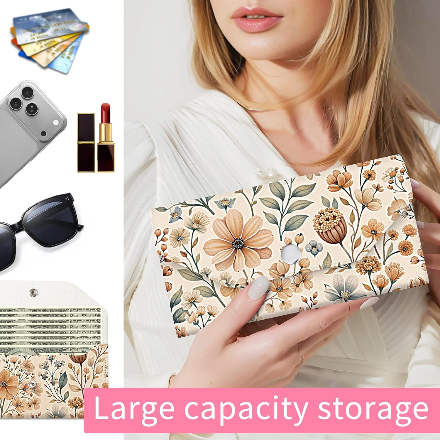Cash Envelope Wallet for Budgeting, PU Leather Cute Cash Pouch with 4 Cash Dividers & 1 Category Stickers, Reusable Money Holder for Men and Women Boho Wildflower Floral image 2