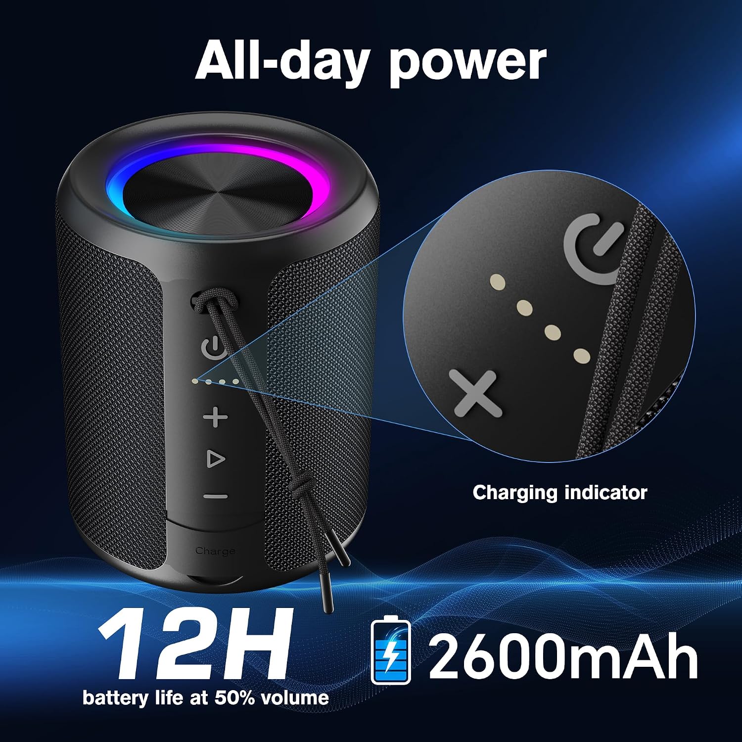 Portable Bluetooth Speaker, IPX7 Waterproof Wireless Speaker with 20W Loud Stereo Sound, 15H Playtime & Beat-Synced RGB Light, Small Outdoor Speaker for Shower, Pool, Beach, Hiking and Gifts - 4