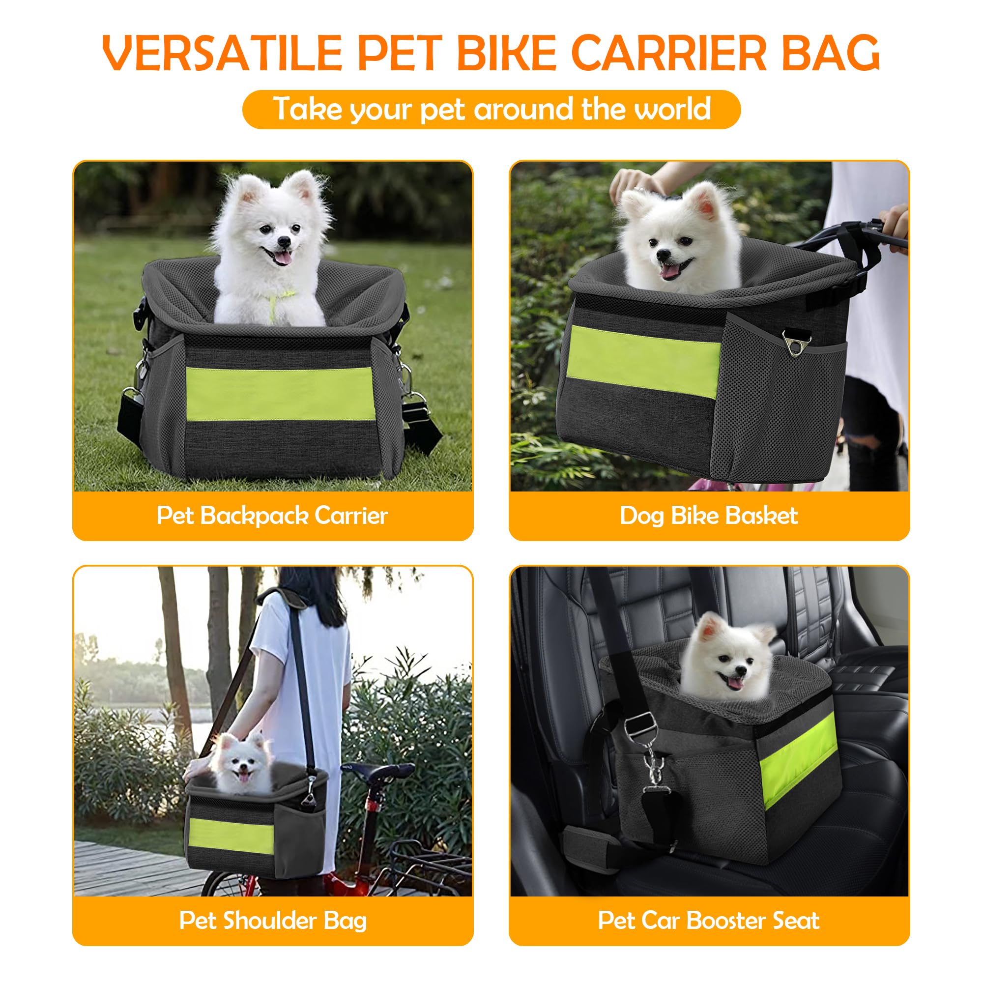 ALLSOPETS Cestino per Bicicletta Animale Domestico, Cestino Anteriore Bici Staccabile per Cane, Staccabile Borsa da Bicicletta per Cani, Pieghevole Cestino per Bici con Tasche Portaoggetti Nero