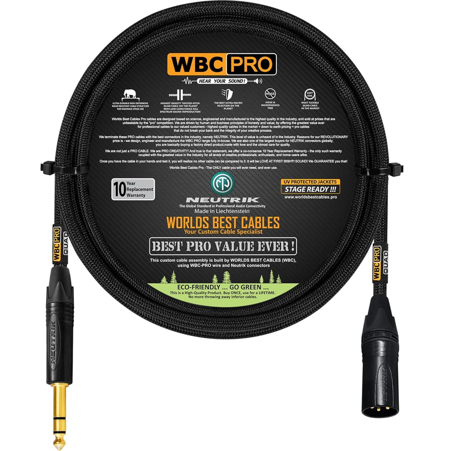 3 Foot - WBC-PRO-Quad Ultra-Silent Ultra-Flexible Balanced Star-Quad XLR to TRS Cable with Gold Neutrik NC3MXX-B Male XLR & NP3X-B Straight TRS Stereo Phone Plugs - Black Tweed Jacket