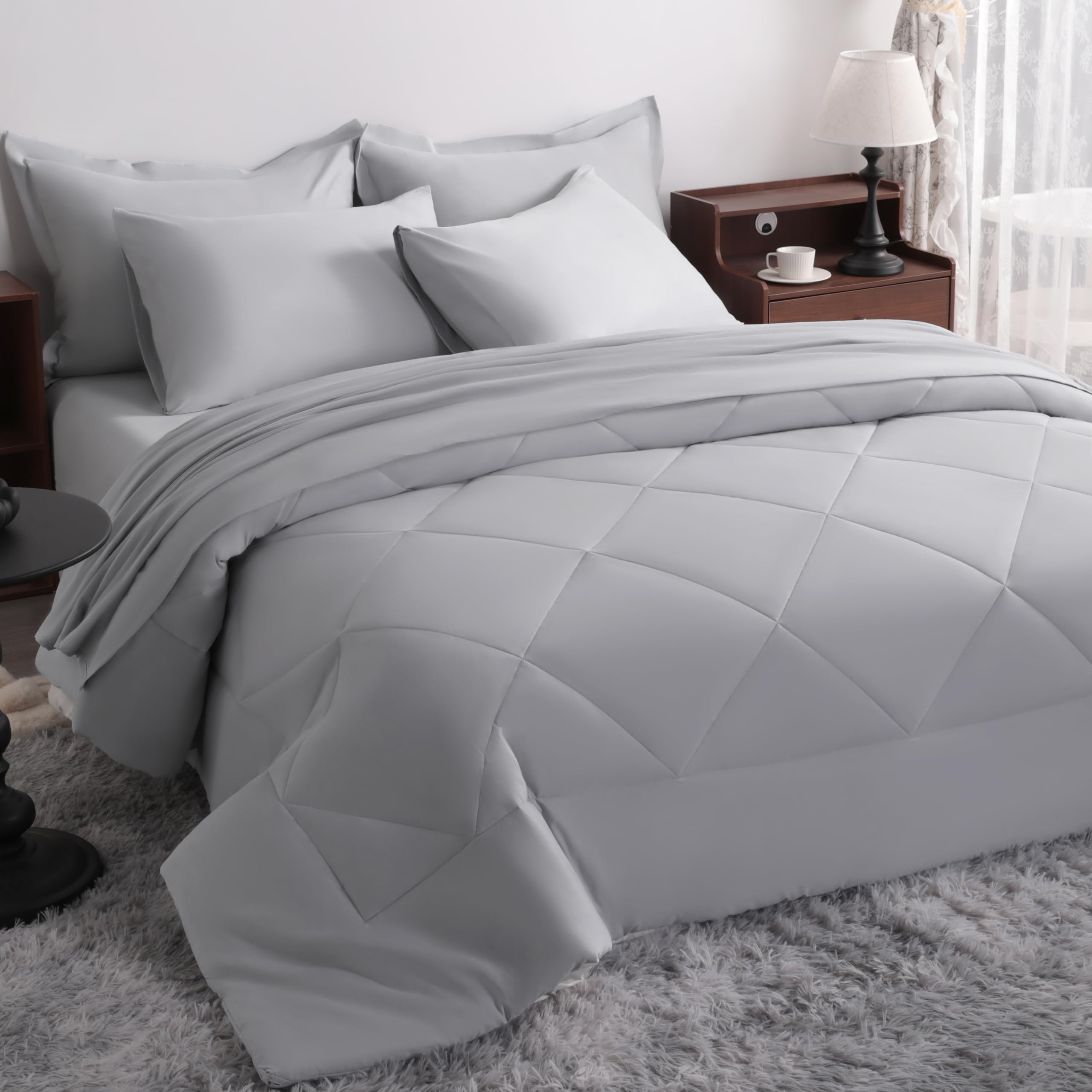 NTBAY Queen Microfiber Bed in a Bag, Comforter Set 7 Piece, Light Grey