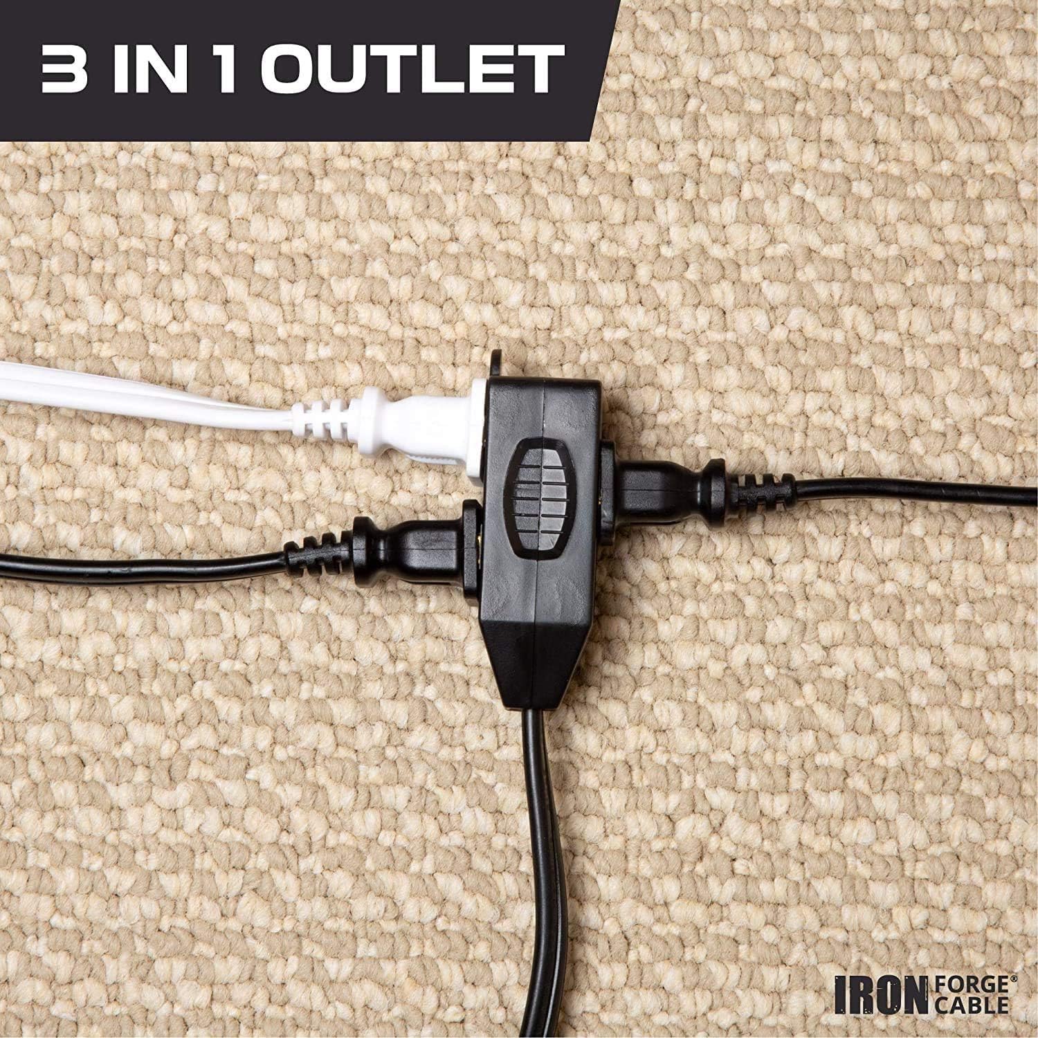 Iron Forge Cable 2 Pack 15 ft 3 Outlet Black Extension Cord with Foot Switch - 16/2 SJTW 2 Prong Indoor Extension Cord with Multiple Outlets