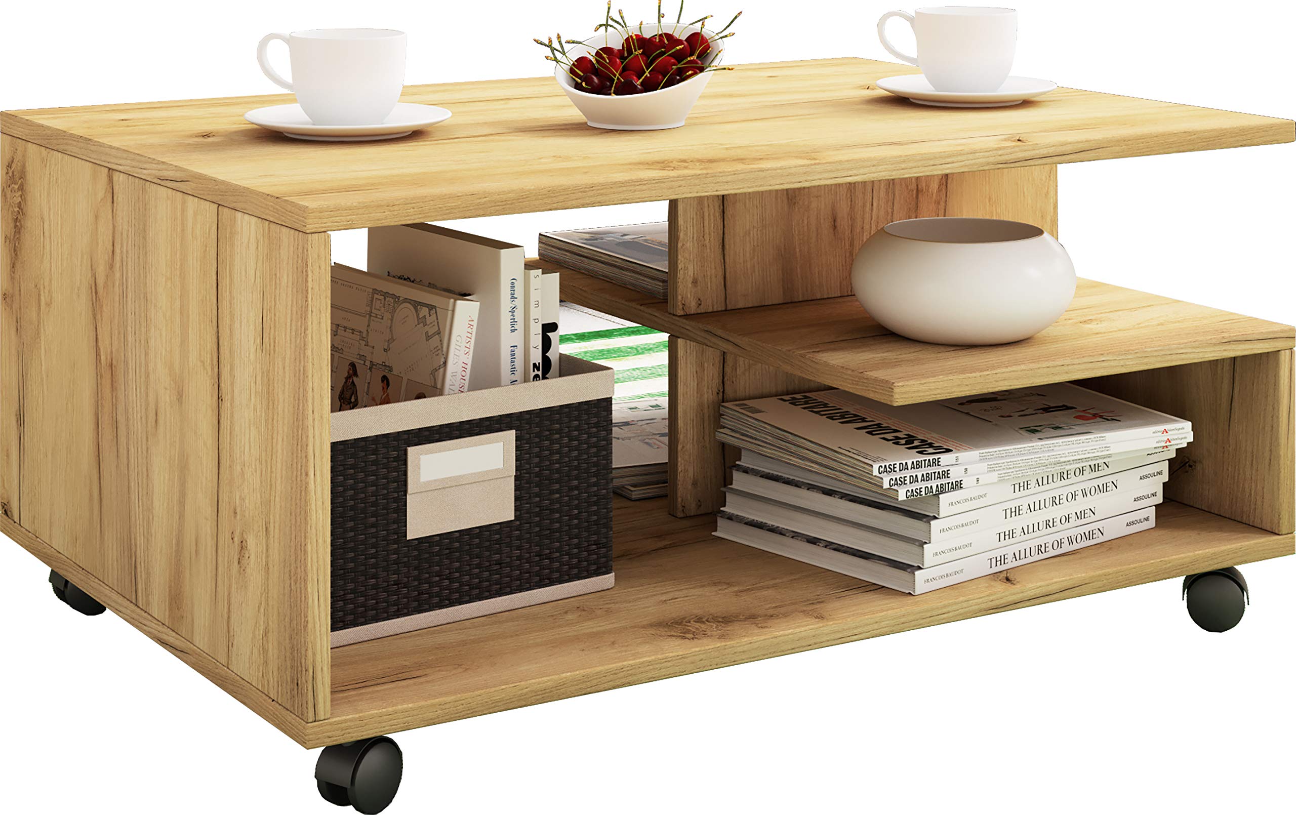 VCM Holz Couchtisch schlicht | Sofatisch Rollen | Maße ca. H. 41 x B. 80 x T. 50 cm | rollbar Kaffeetisch - Stango L Honig-Eiche