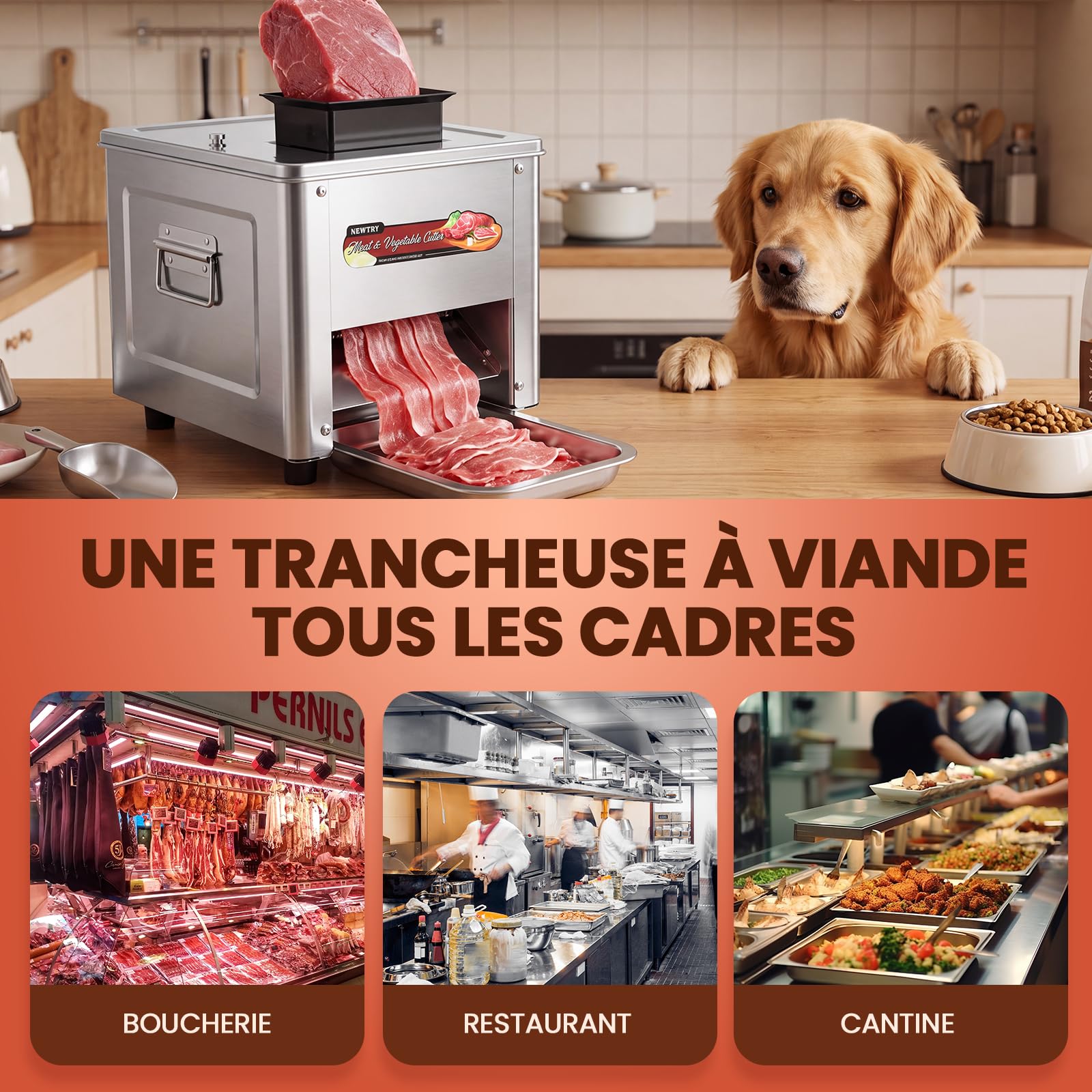 NEWTRY Trancheuse viande électrique commerciale 5mm 750W Gastro | Acier inoxydable, lames interchangeables, moteur puissant, facile à nettoyer, trancheuse pour boucheries et restaurants