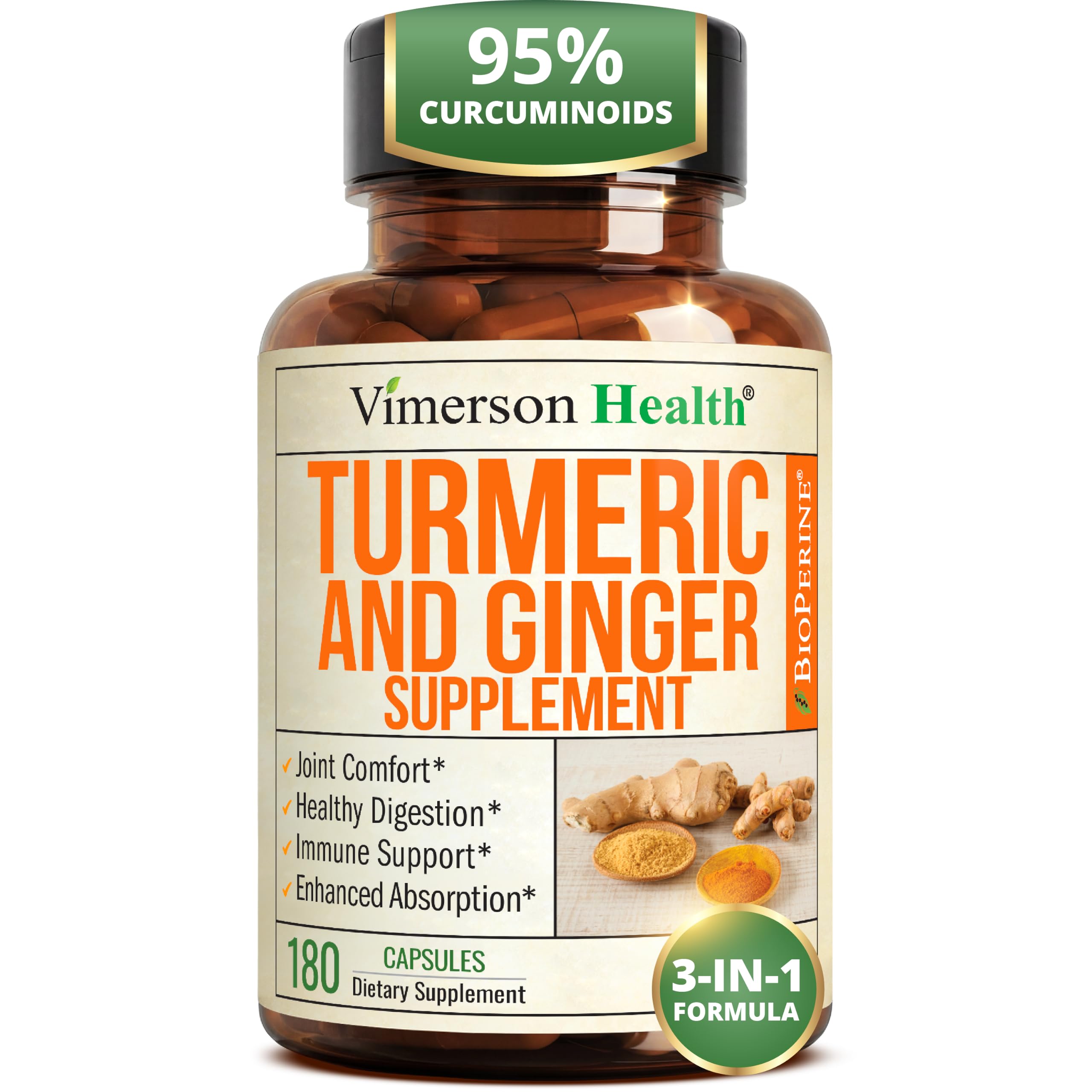 Turmeric and Ginger Supplement - Inflammation & Joint Support. 180 Capsules 180 Count (Pack of 1)