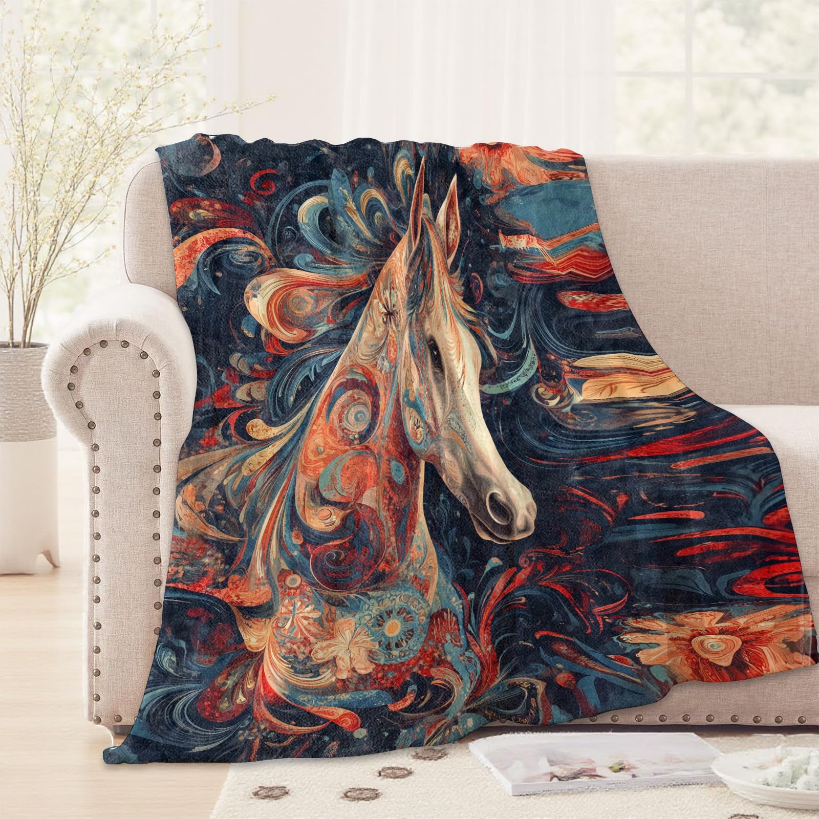 Wicked Artistic Horse Blanket,50x60in,Cozy Flannel Throw with Colorful Swirls and Floral on Dark Design,Soft Lightweight Gifts Blankets for Women,Sofa Bed Travel Cool Decor