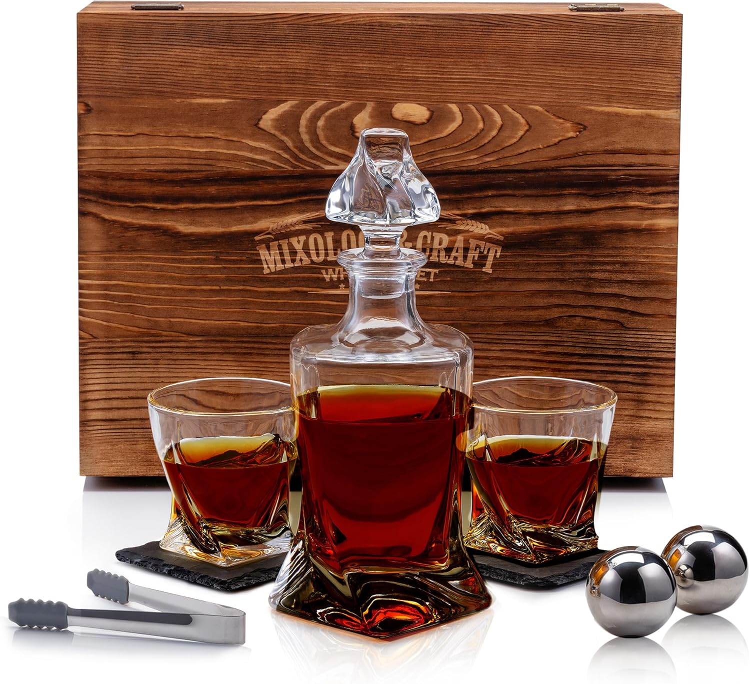 Mixology & Craft Crystal Whiskey Decanter Set 24oz with Whiskey Glasses & Stainless Steel Chilling Stones - Bourbon Glass Gift Set for Men