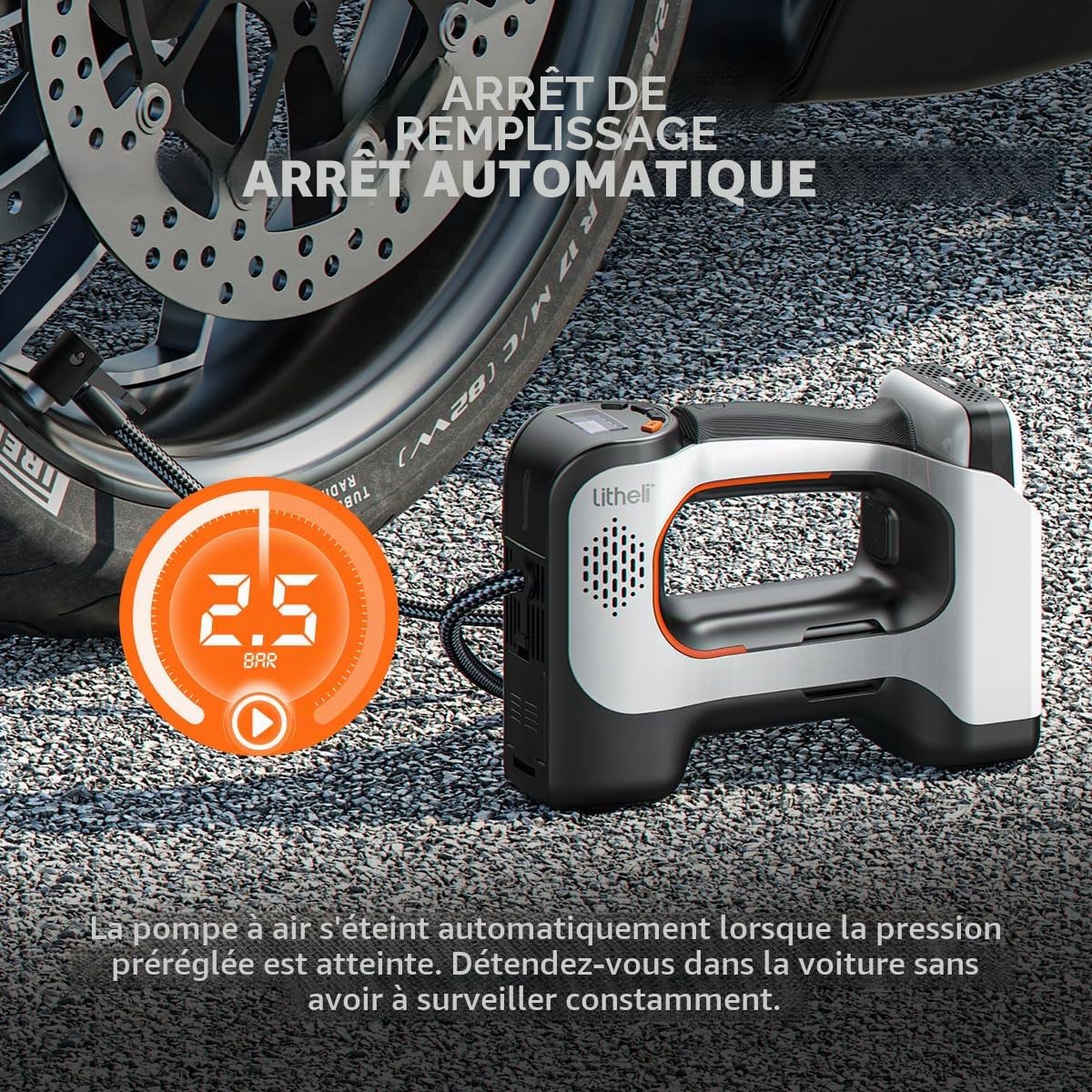 Litheli - Pompe à air électrique - 20 V - 10 000 mAh - Manomètre numérique à piles - 160 PSI - Pompe portable pour voiture, vélo et ballons de sport