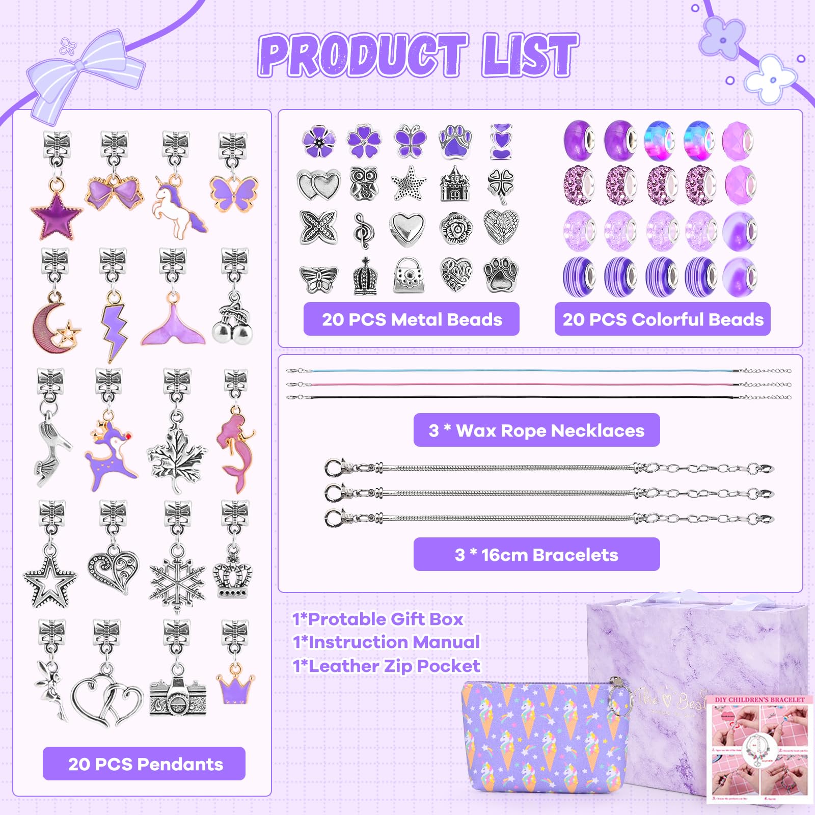 Sarsumir Kit Braccialetti Fai da Te Bambina, Set per Fare Braccialetti Bambina con Bracciali e Collane Regolabili Crea Braccialetti Bimba 4-12 Anni, Viola