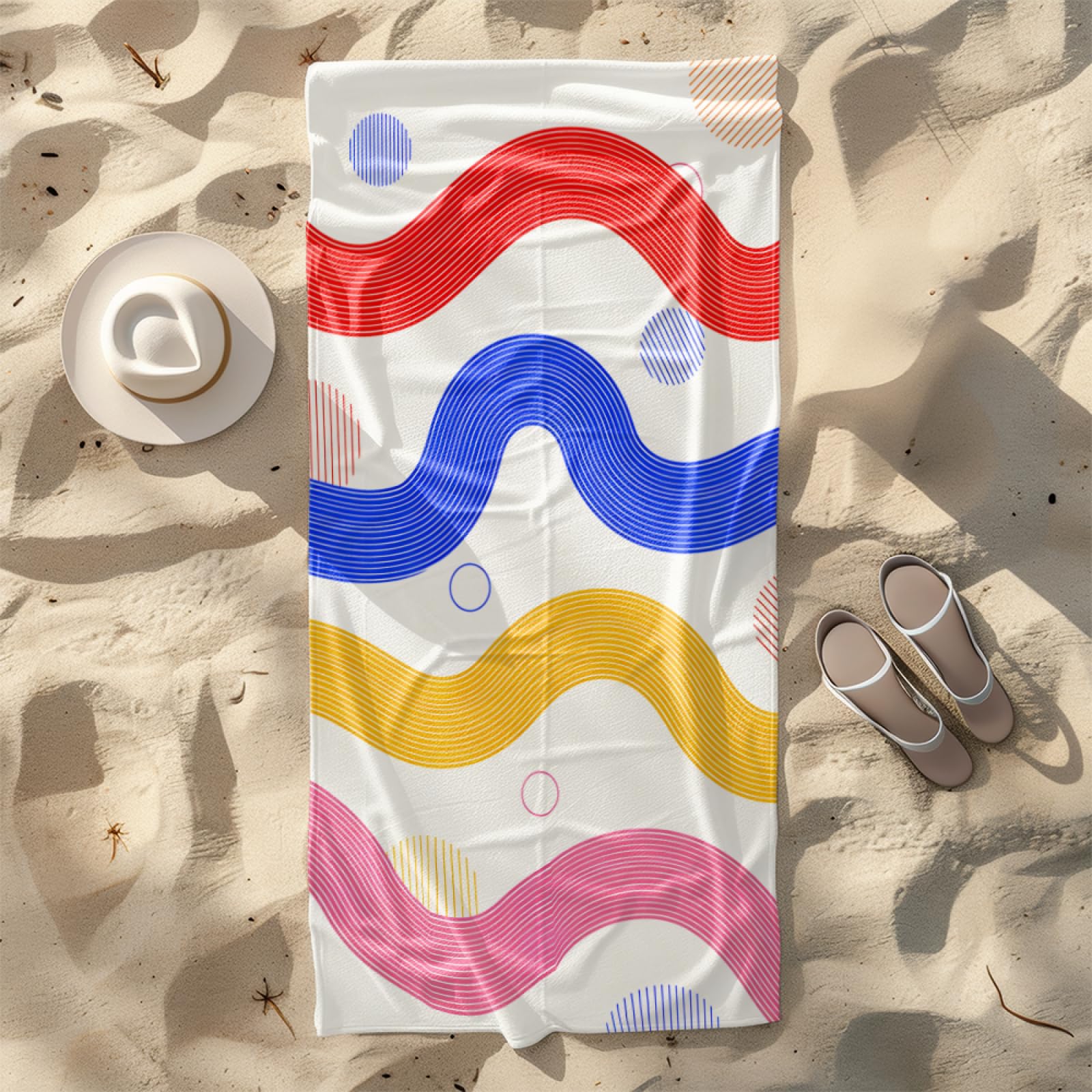 Fouta PlageLignes Bleues Rouges Jaunes Modèle Surdimensionné avec Diverses Tailles, Respirante et Portable, Parfaite pour Voyages Sorties Piscine et Usage Extérieur Quotidien 90x160 cm