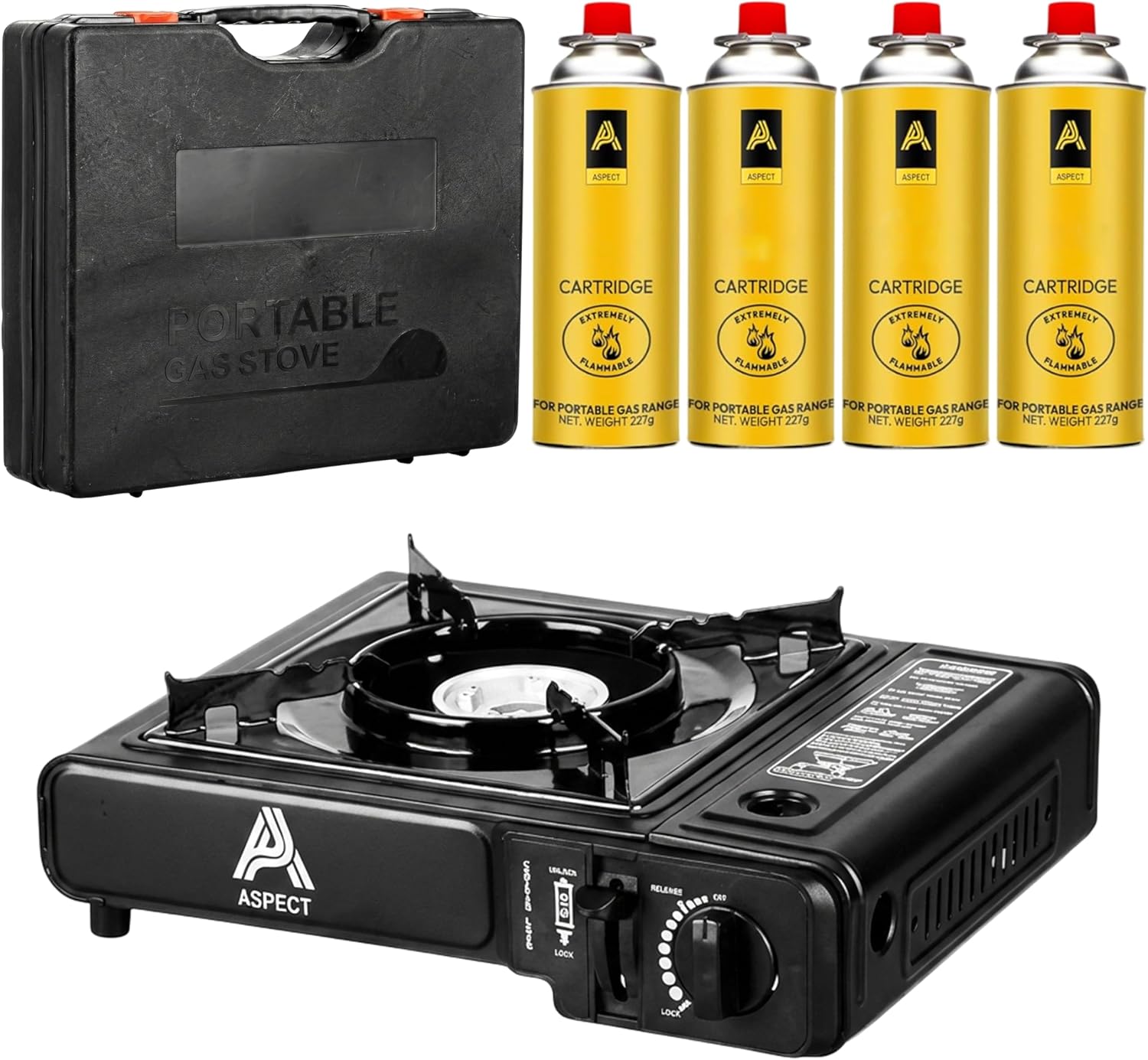 Aspect single burner gas stove in black with hard carry case