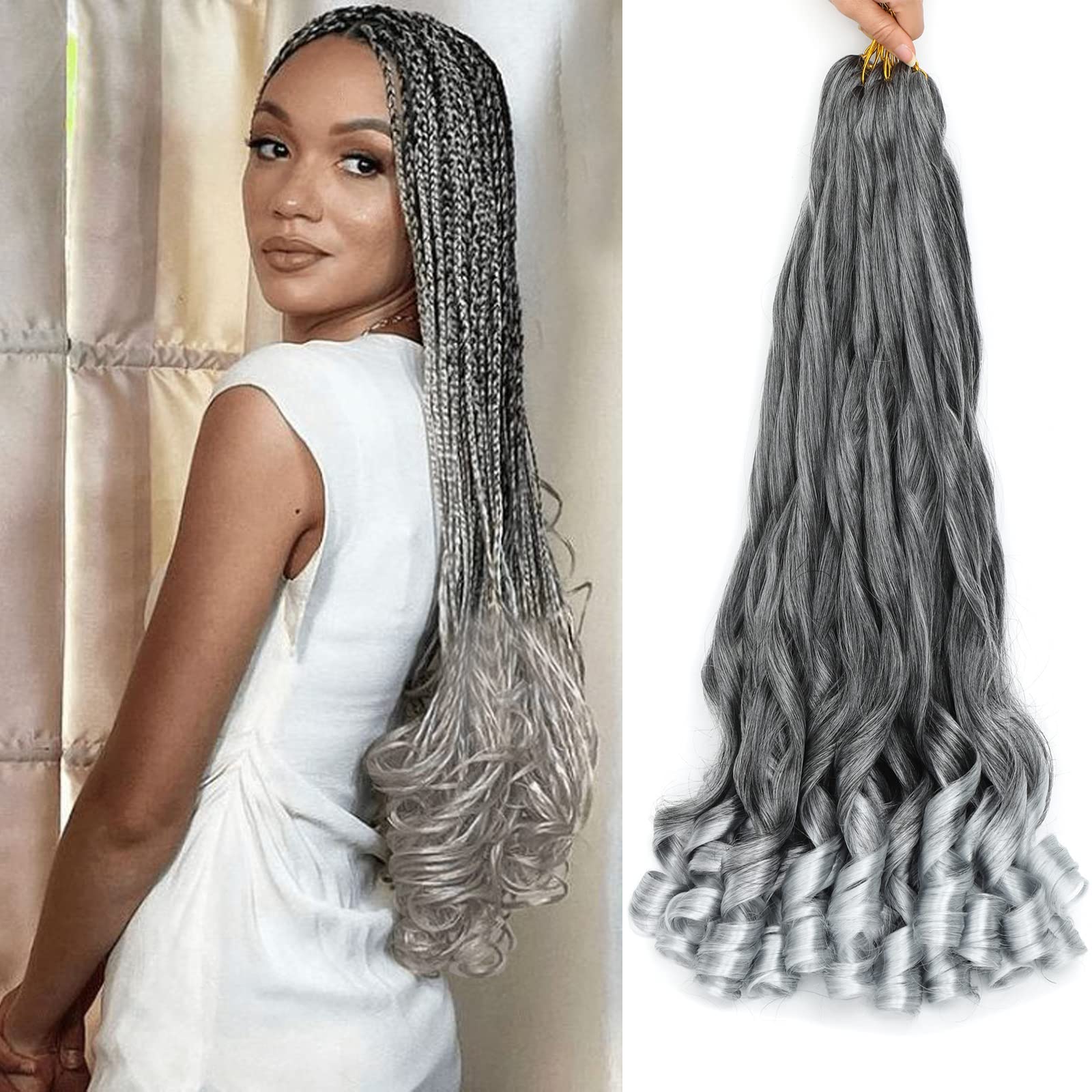 French Curls Braiding Hair 8packs 26inch TGray Pre Stretched Curly Ombre Siliver Braiding Hair for Goddess Box Braids Hair Bounce Curl Loose Wave