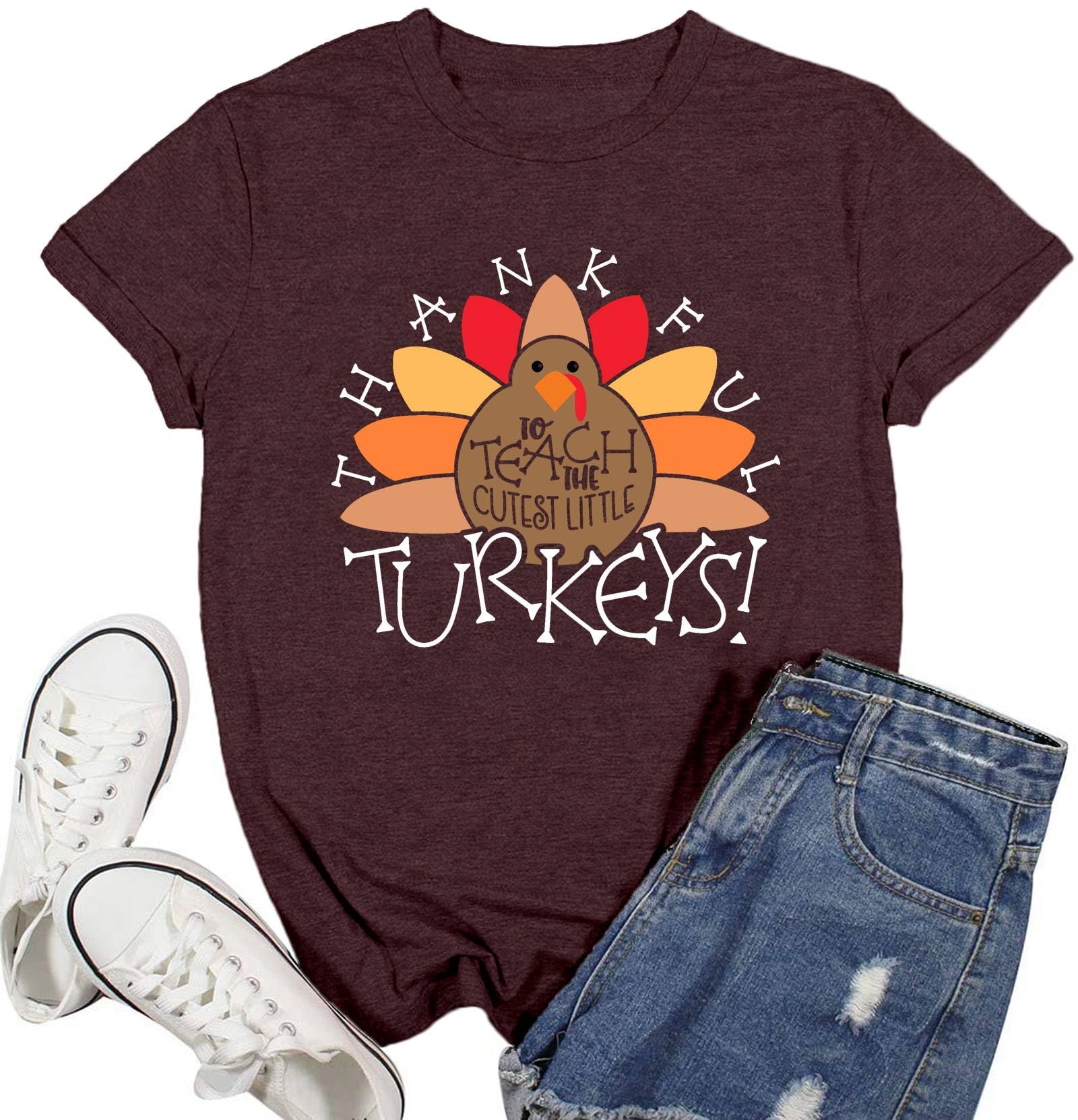 Ascrazy Women Thanksgiving Shirts Thankful Teacher T-Shirt Thankful Turkeys Letter Print Teacher Tee Top