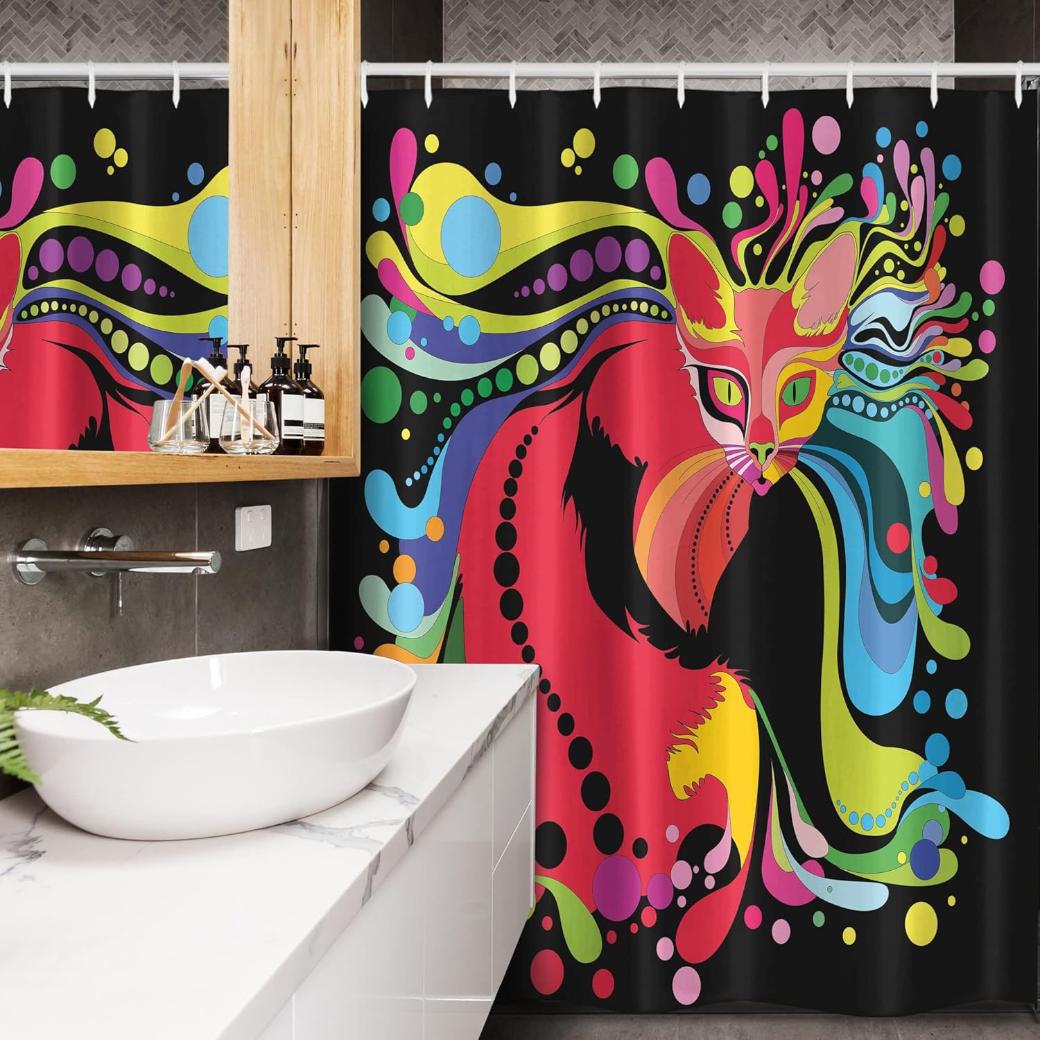 Ambesonne Psychedelic Stall Shower Curtain, Futuristic Kitty Visual Print Fluid Swirling Color Burst Motifs Kitty Graphic, Fabric Bathroom Decor Set with Hooks, 54" W x 78" L, Black Multicolor