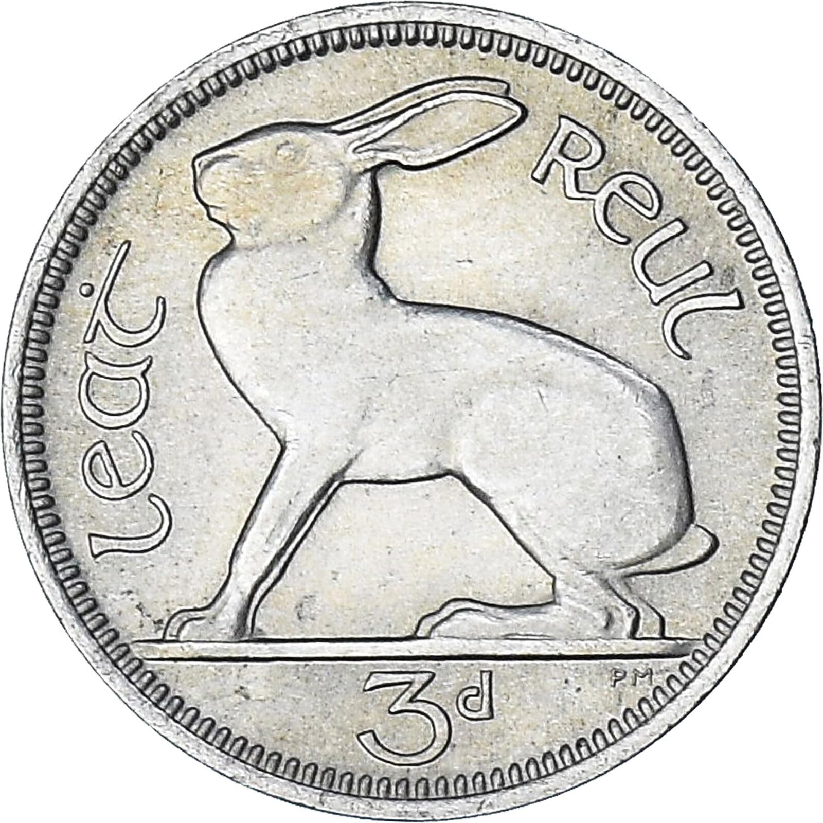 1942-1969 Irish Threepence Coin, "Lucky" Hare Motif. ½ Reul / 3 Pingine. 3 pence, Monetized And Guaranteed By The Ireland Government. Graded By Seller Circulated/Worn Condition