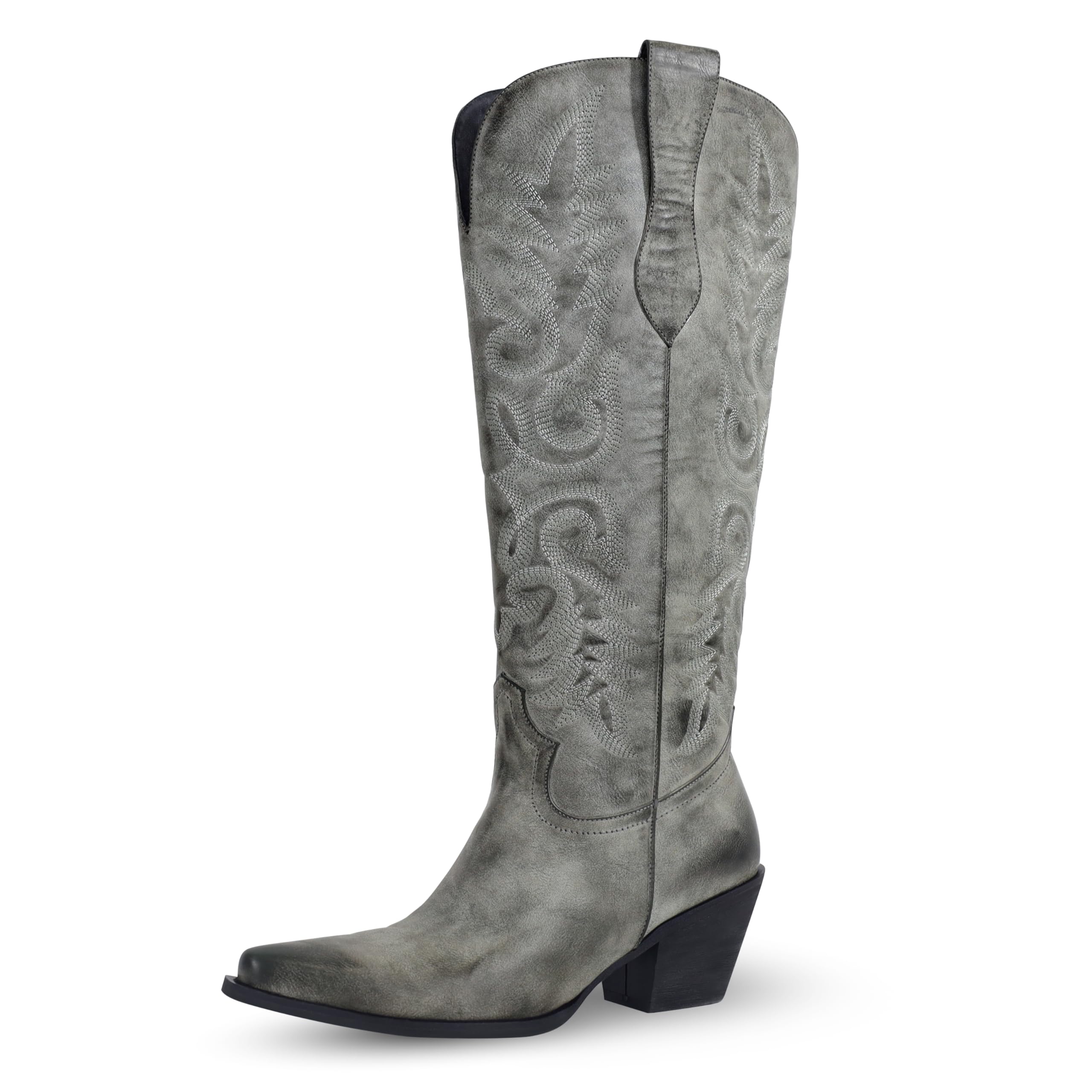 Wide Claf Cowboy Boots for Women Knee High Cowgirl Boots with Pointed Toe Chunky Heel Embroidery Western Boots