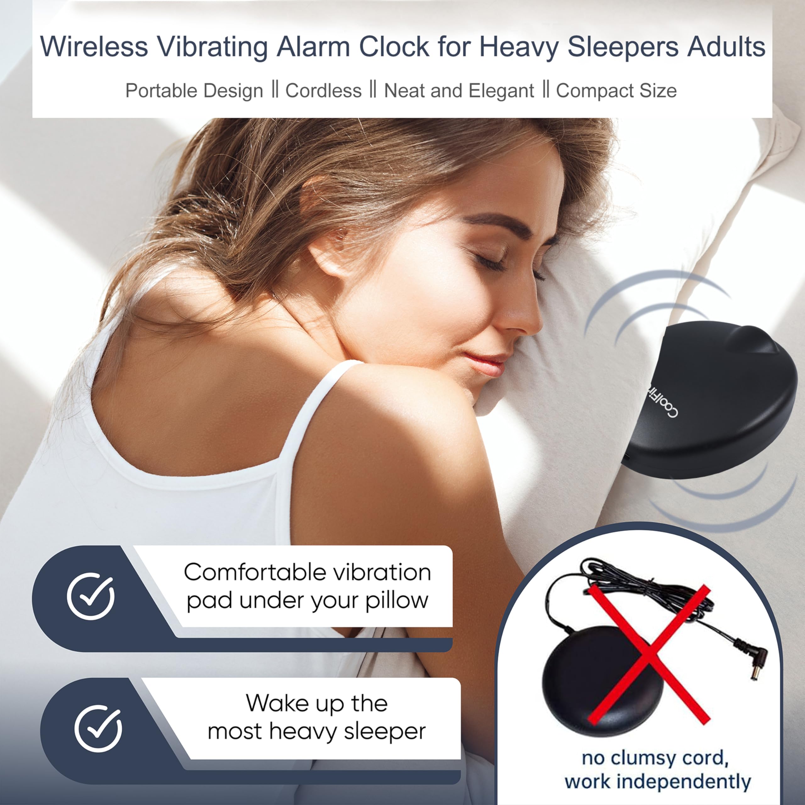 Coolfire Reloj despertador vibratorio recargable, funciona con pilas, para adultos y adolescentes, reloj despertador agitador de cama para personas que duermen mucho, viajeros y personas con