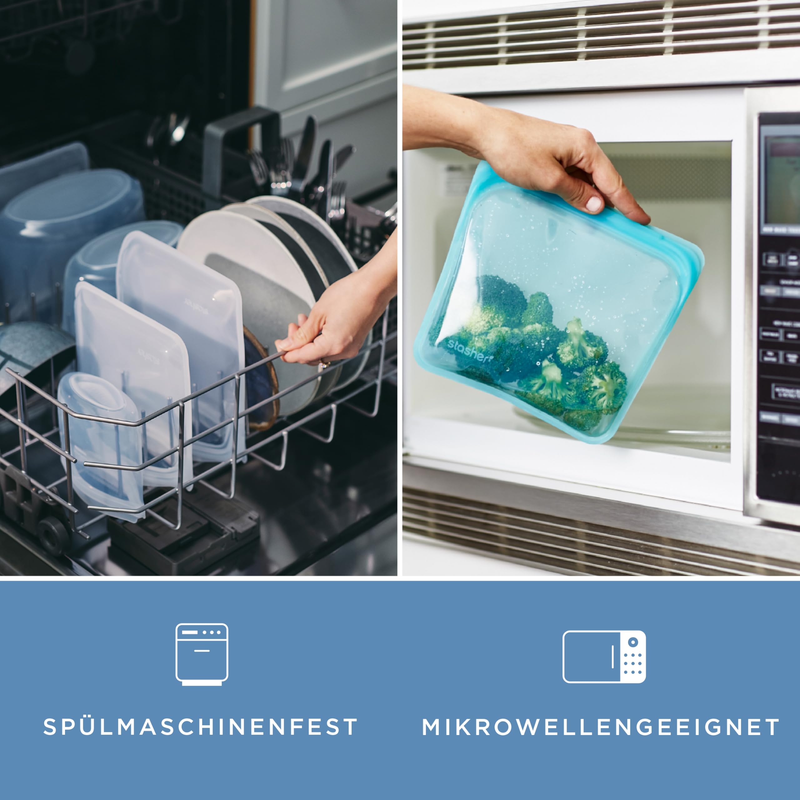 Stasher Bag Premium Silikonbeutel wiederverwendbar für Lebensmittel, Lot de 4, Klar, Dauerhaft, Backofen, spülmaschinen & Gefrierfest, Umweltfreundlich, Für Essenszubereitung, Mehrzweckbehälter