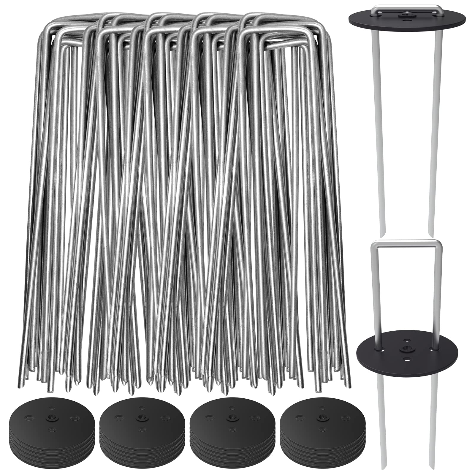 AAGUT 100-Pack Landscape Staple 6 Inch Galvanized Steel Garden Stake with Black Vent Cover Weed Barrier Ground Fabric Supplies