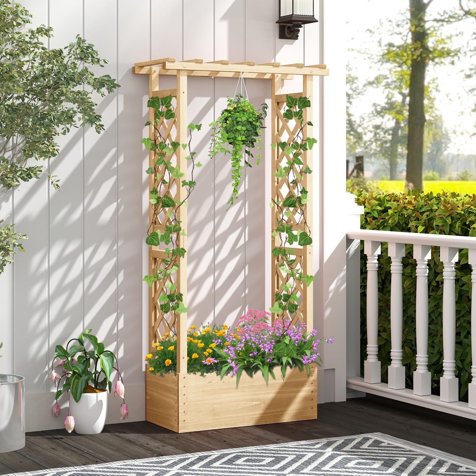 COSTWAY Cama de Jardín Elevada con Enrejado, Jardinera de Madera Independiente con Techo para Colgar, Agujeros de Drenaje para Plantas Trepadoras, Flores, Maceta de Plantación para Patio (Natural)