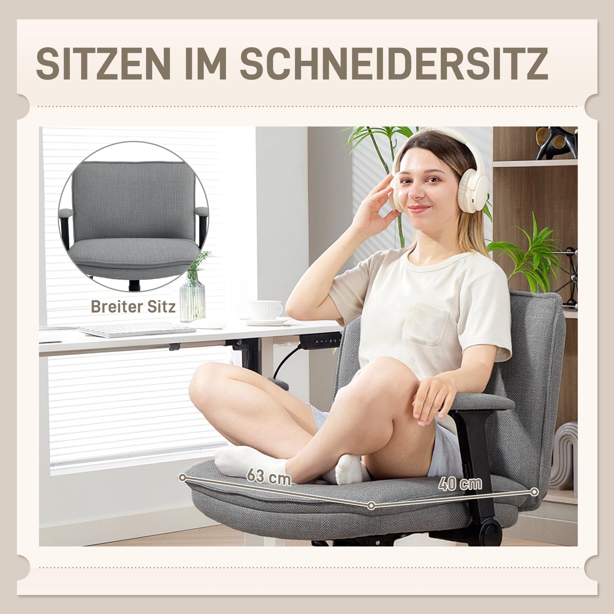 HOMCOM Bürostuhl Schreibtischstuhl mit Hochklappbaren Armlehnen Grau | Breite Sitzfläche, Höhenverstellbar, Schneidersitz Stuhl, Drehstuhl, Leinenoptik, für Home-Office