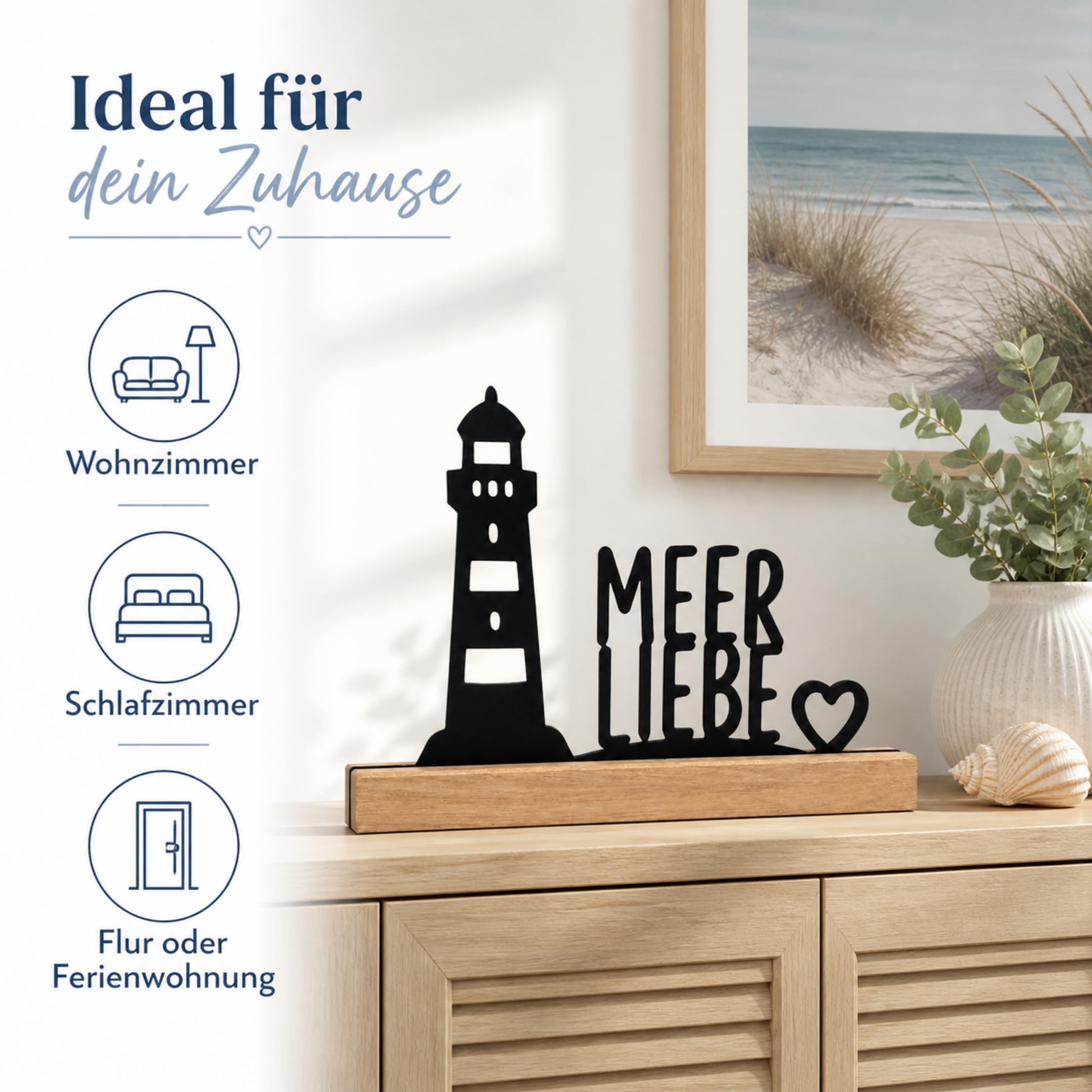 Generisch Meerliebe Aufsteller aus Eichenholz – Maritime Deko mit Leuchtturm & Herz, Holz Aufsteller 22 cm, Ostsee Deko für Fensterbank, Regal, Kommode & Geschenk für Küstenliebhaber
